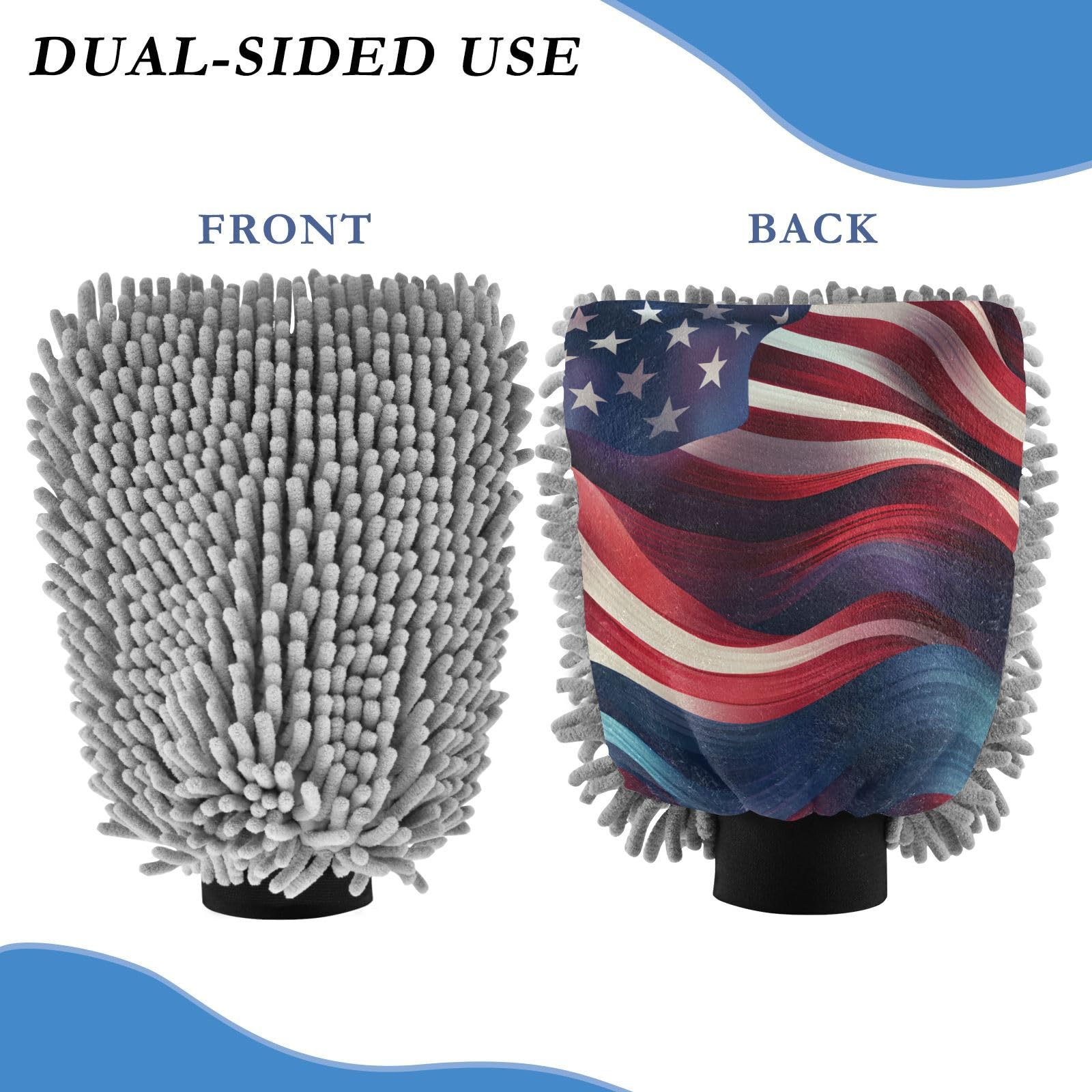 IOACIY Absorbent Microfiber Car Wash Drying Mitts, 2 Pack, Scratch-Free & Lint-Free, Rich Foam, Highly Absorbent, Double Sided, Wash Mitt Perfect for Car Washing, L, American Flag (1)