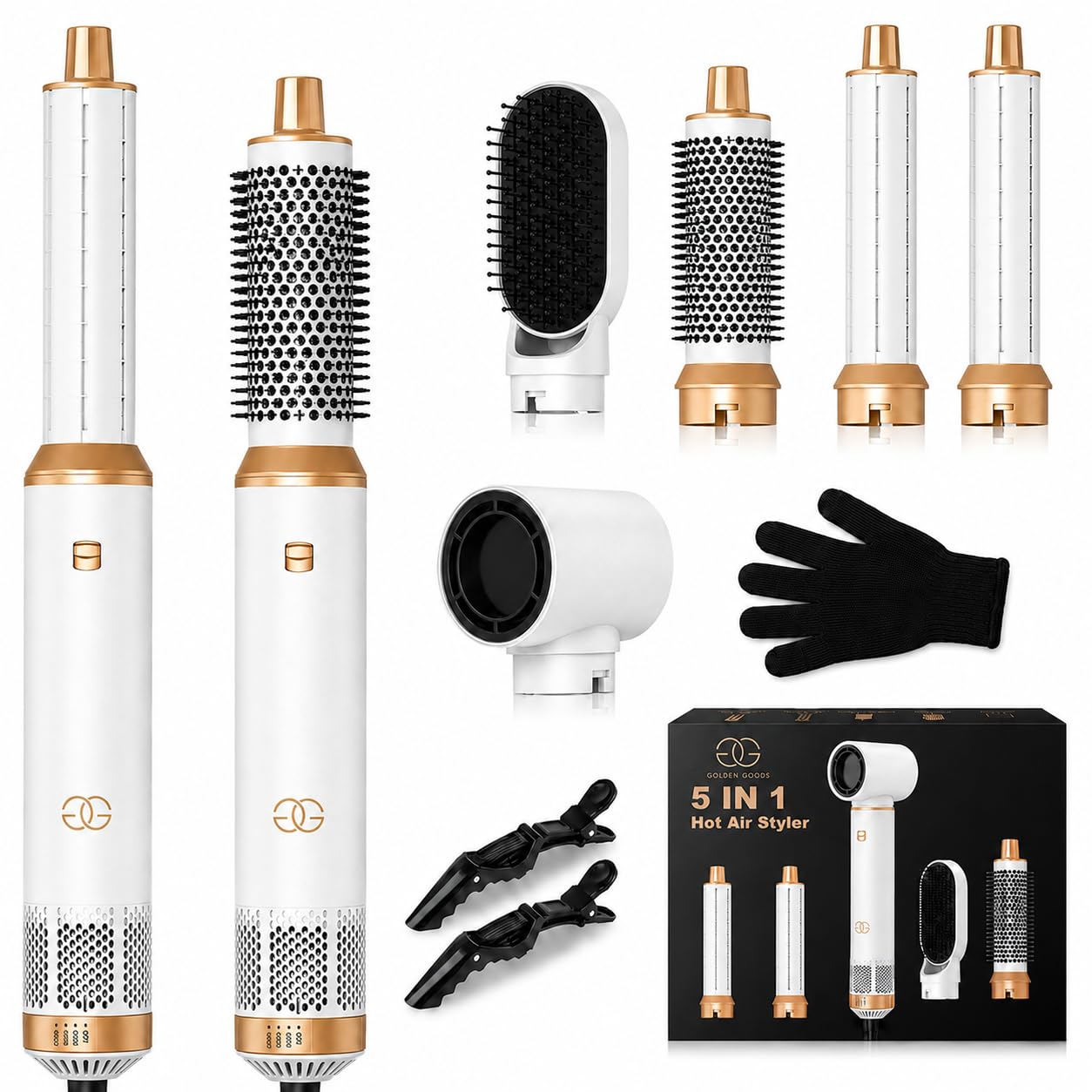 Cepillo secador de pelo 5 en 1 Golden Goods Multistyler, secador Airstyler con 5 accesorios cepillo de peinado caliente, secador ionico, Para alisar, rizar y secar, White/Gold Edition