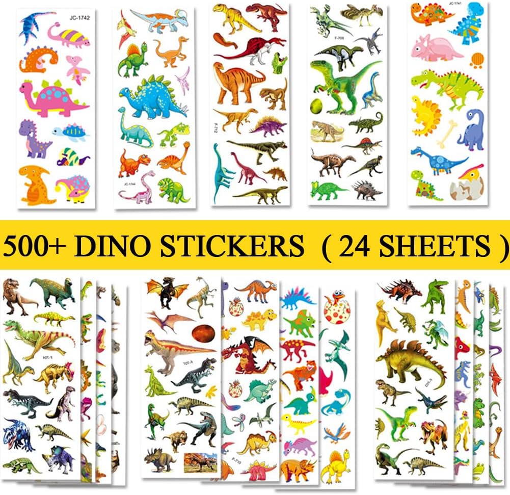 BEESTECH 24 Sheets Dinosaur Stickers 450+ for Kids Boys Girls Toddlers, Teacher Reward Stickers, Potty Chart Training, Dinosaur Party Favor Supplies, Goody Bag Stuffers，Pinata Filler