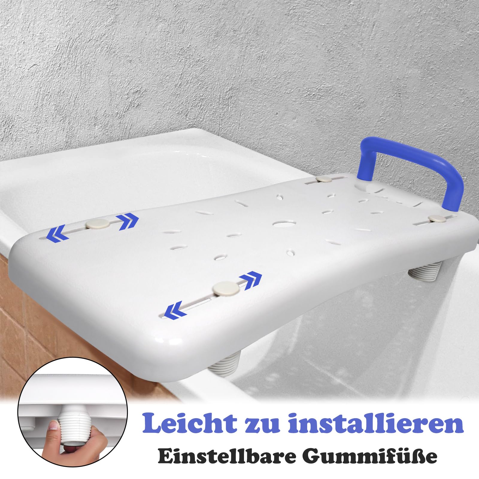 Siège de baignoire, planche de bain avec porte-savon et poignée de baignoire, pour adultes et personnes âgées, poignée bleue