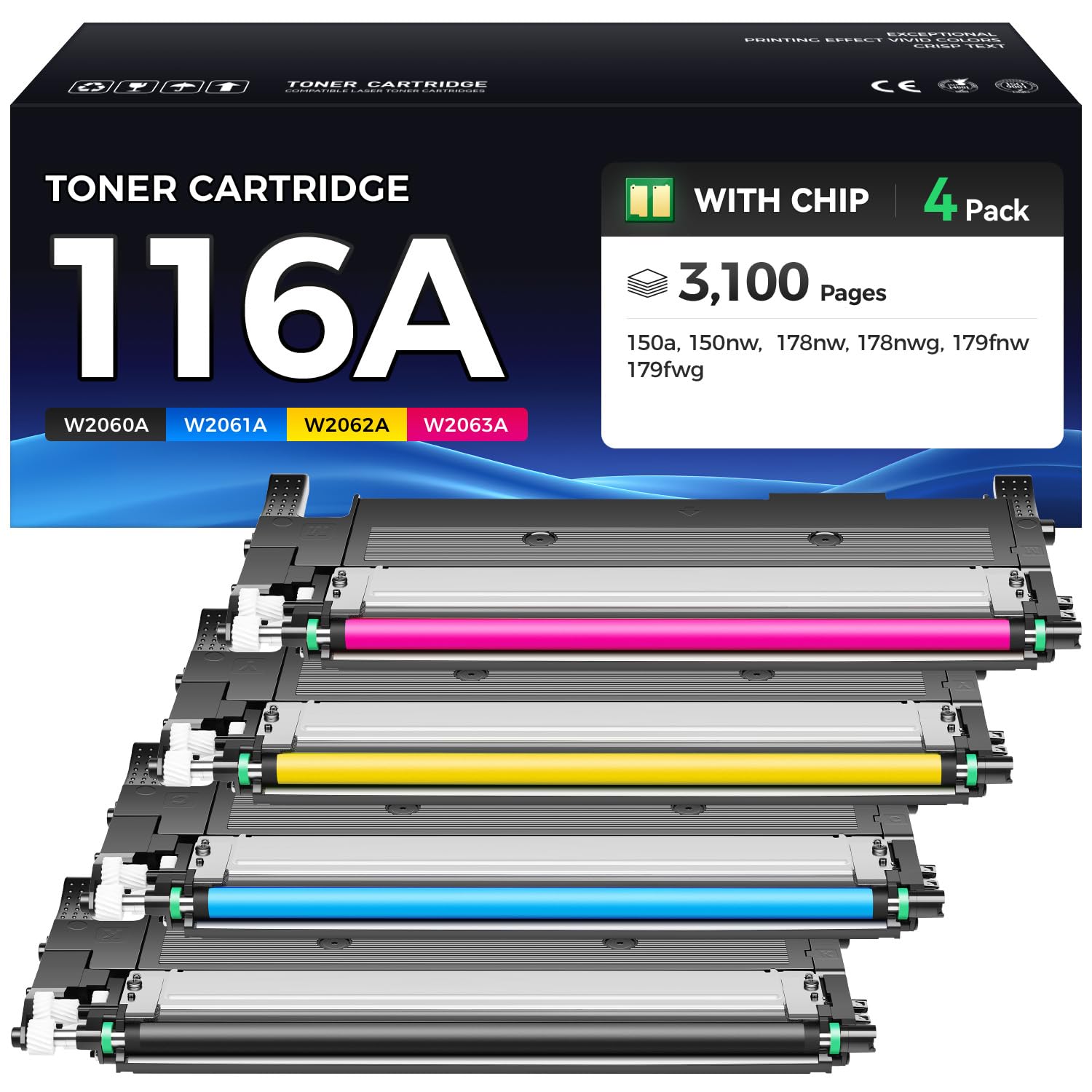 116A Toner Cartridge Set 4-Pack Black Cyan Yellow Magenta High Yield Replacement for HP 116A W2060A W2061A W2062A W2063A Compatible for HP Color Laser MFP 178nw 178nwg 179fnw 179fwg 150a 150nw Printer