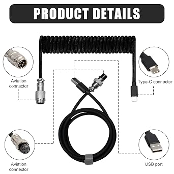 TPU Mechanical Keyboard Cable with Detachable Aviator Connector for Gaming Keyboard, Type C Coiled Cable 1.8m, Type-C To USB A (Black)