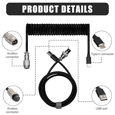 TPU Mechanical Keyboard Cable with Detachable Aviator Connector for Gaming Keyboard, Type C Coiled Cable 1.8m, Type-C To USB A (Black)