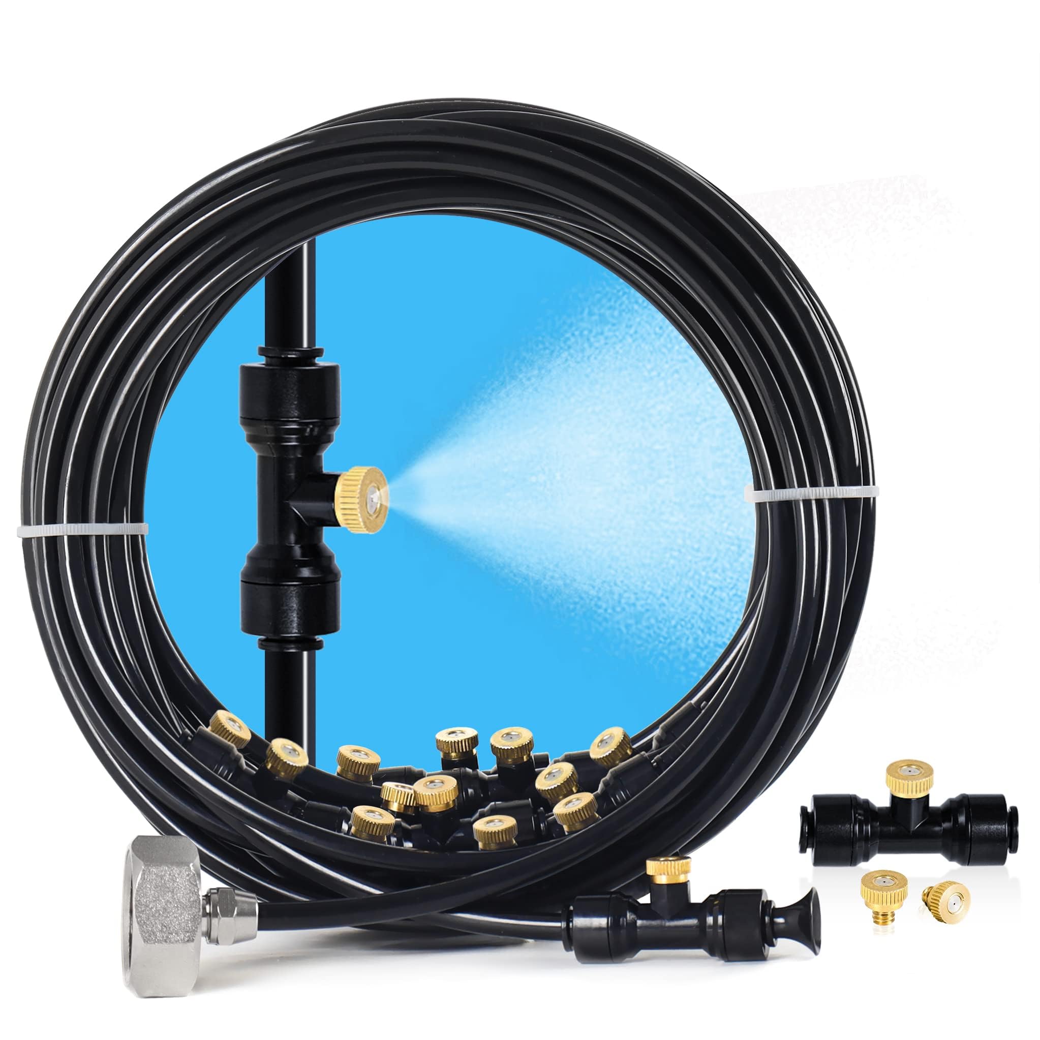 Sprühnebel Terrasse für Den Außenbereich, Sprühnebel Zerstäuber für Den Außenbereich, Sprühnebel Kühlung 18m, mit 20 Messingdüsen und 3/4" Adapter, Wasservernebler Terrasse-Set für Gartenschirme (18m)