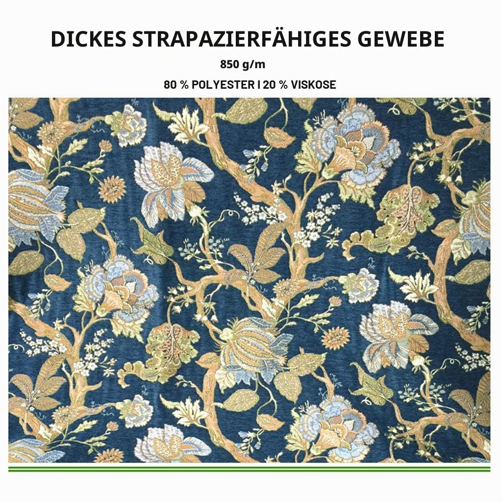 Schwerer Chenille Möbelstoff Meterware Blumenmuster Bezugsstoff Polsterstoff 150cm Breit zum Nähen, Sofa, Vorhang, Stuhlsitzbezug, DIY Basteln(Color:BLAU)