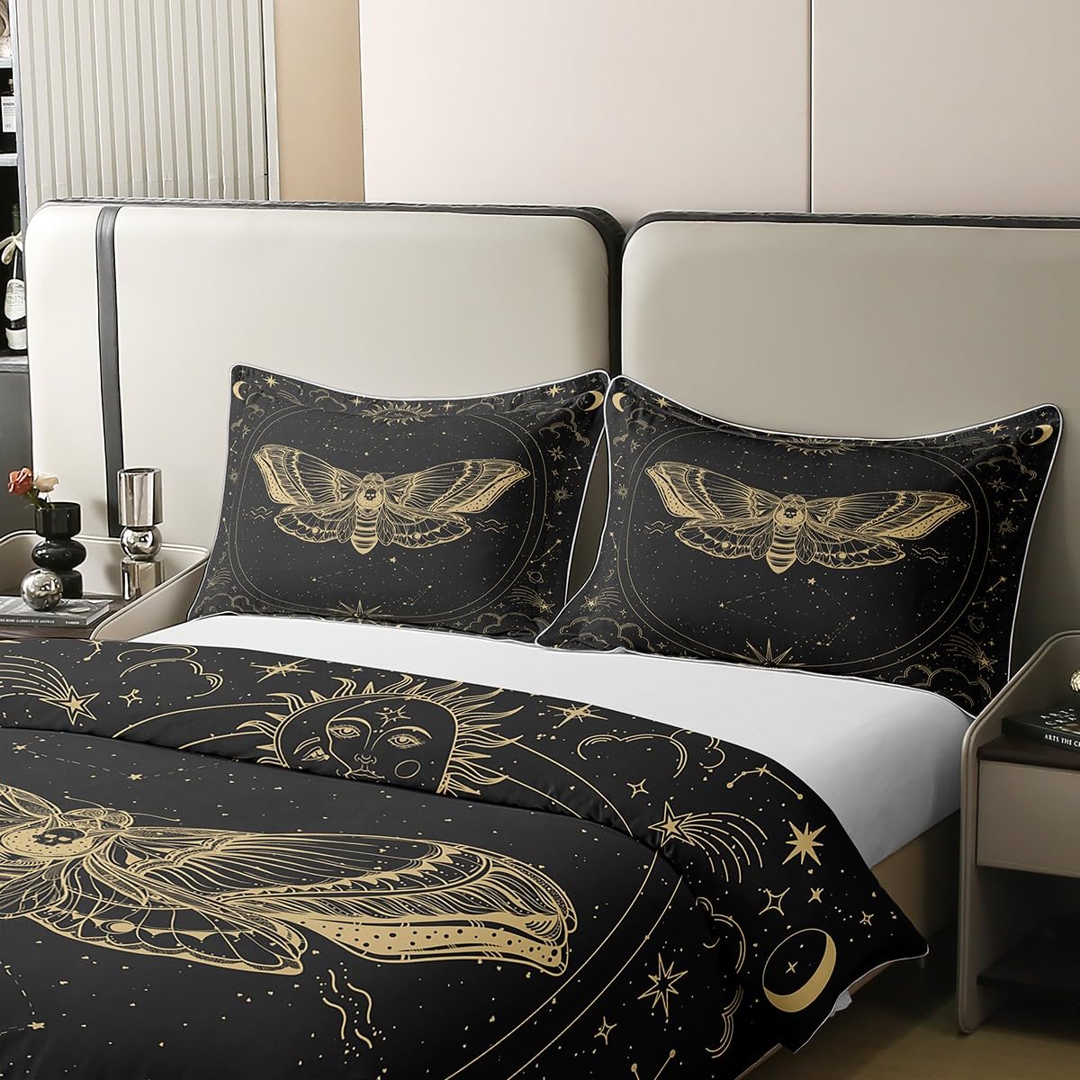 Death Moth Door 100% Cotton Duvet Cover Kids Sun Moon Bedding Set Skull Decor Rugs for Living Room Boho Exotic Halloween Decorations Gold Grey Bedding Set Cover Room DecorBedspread Cover Double Size - Image 4