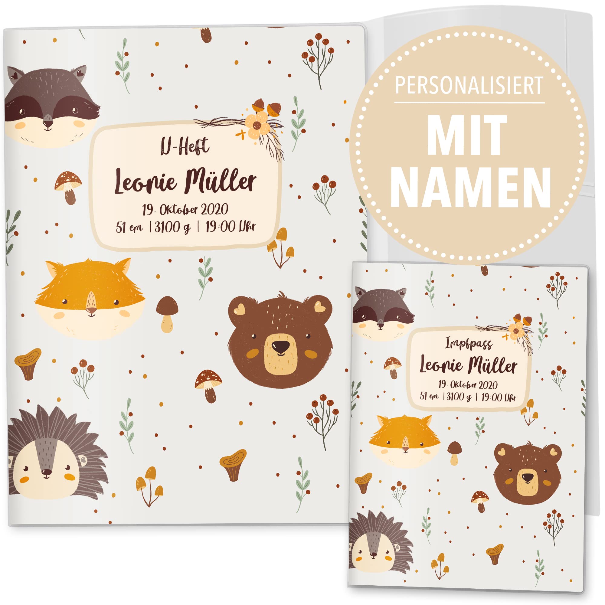 OLGS U-Heft und Impfpasshüllen 3-teiliges Set Awesome World | Untersuchungsheft & Impfpass Hüllen, schöne Geschenkidee mit Namen - Uhefthülle, Impfpasshülle personalisiert, Happy Hedgehog