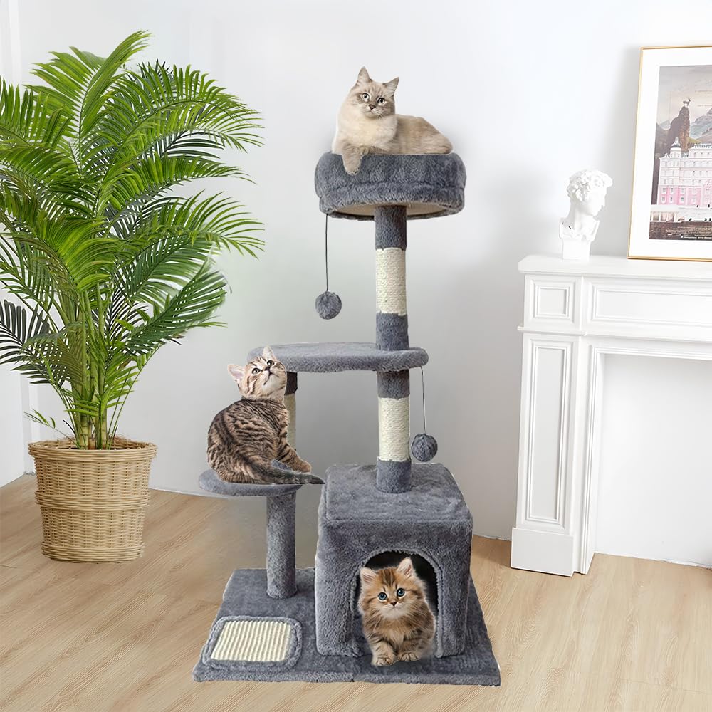 فينيسين شجرة قطط، مسكن للقطط 87 سم مع عمود خدش من السيزال، برج شجرة للقطط متعدد المستويات مع منزل للقطط، سرير قطط، أعمدة السيزال ومكان الراحة للقطط الداخلية (رمادي)