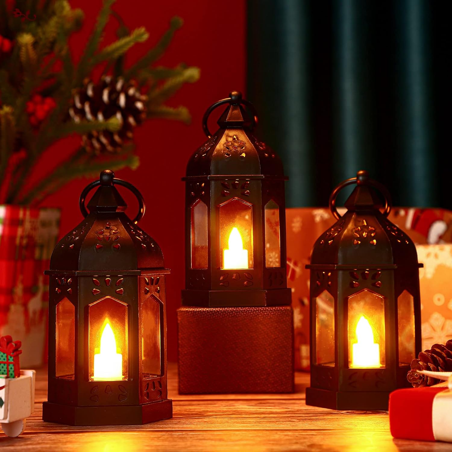 Hortsun 24 Pcs Vintage Lanterns Mini Lantern for Wedding Table Centerpiece Retro Decor with LED Candle Battery Powered Hanging for Medieval Wedding Cowboy Halloween Party Decoration Supplies(Black)