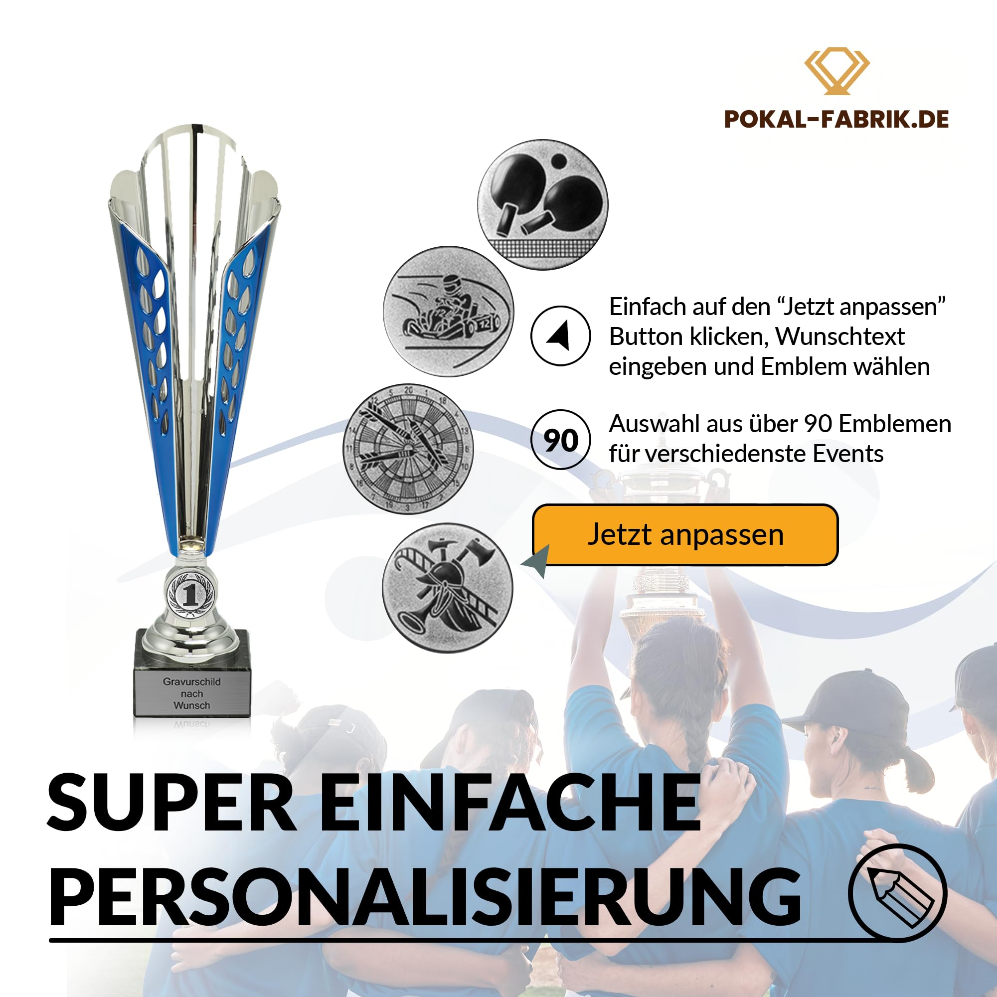 Pokal-Fabrik Pokal mit Gravur Wunschtext – Silber & Blau Trophäe mit Sportart Emblem nach Wahl – Personalisierte Auszeichnung für Fußball WM & Sport Events – 32/33,5/35,5 cm inkl. Marmorsockel