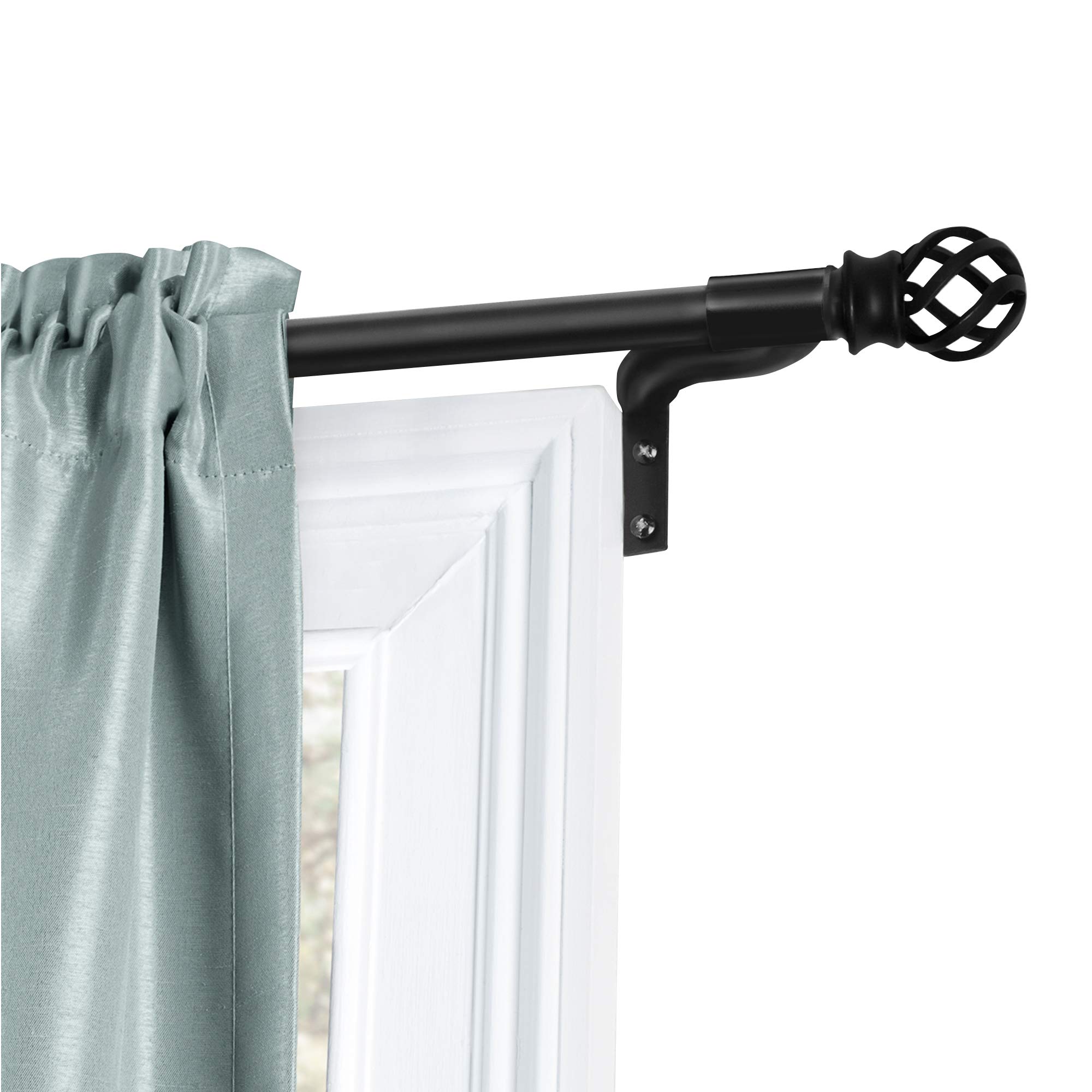 Zenna Home, Black Smart Measuring Easy Install Adjustable Café Window Rod, 48 to 120 in, with Cage Finials, 120 inches