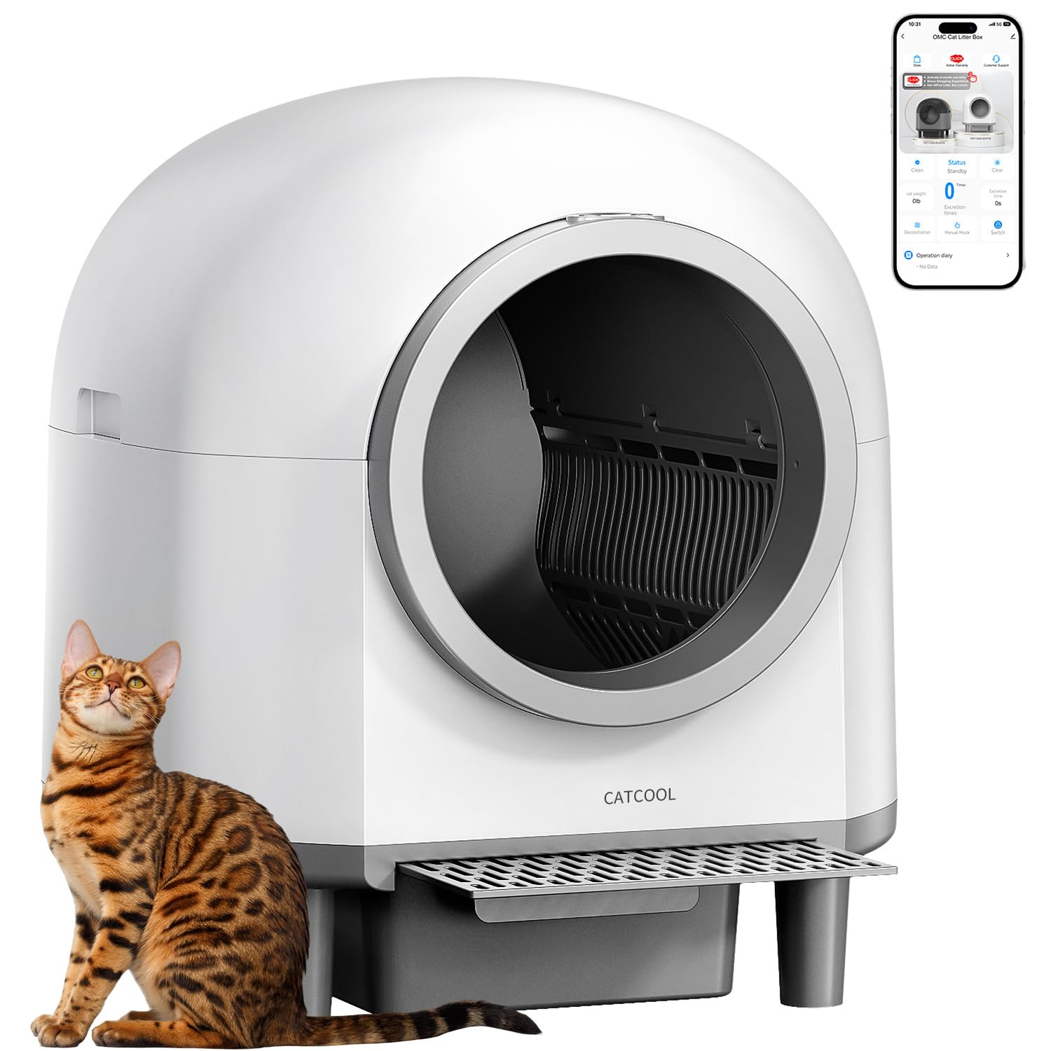 Automatic Cat Litter Box Self Cleaning,Smart Litter Box with 10 Safety Sensor Radars,100L Electric Cat Litter Boxes with Stairs for Multiple Cats,APP-Control,Advanced Odor Control OMCPET (White)