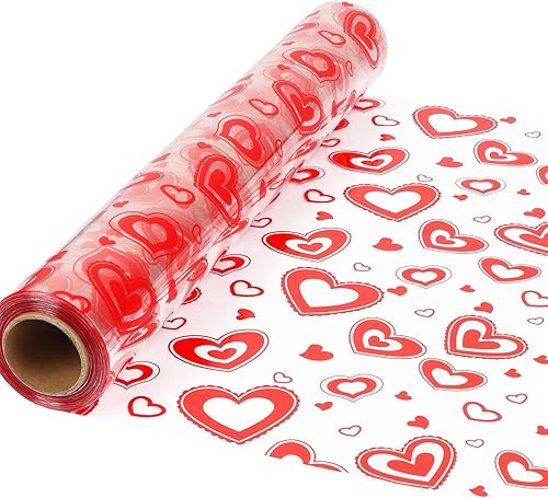 JOFONY Envoltura de celofán para el día de San Valentín, 98 pies de largo x 31 pulgadas de ancho, transparente con corazones rojos, papel de regalo