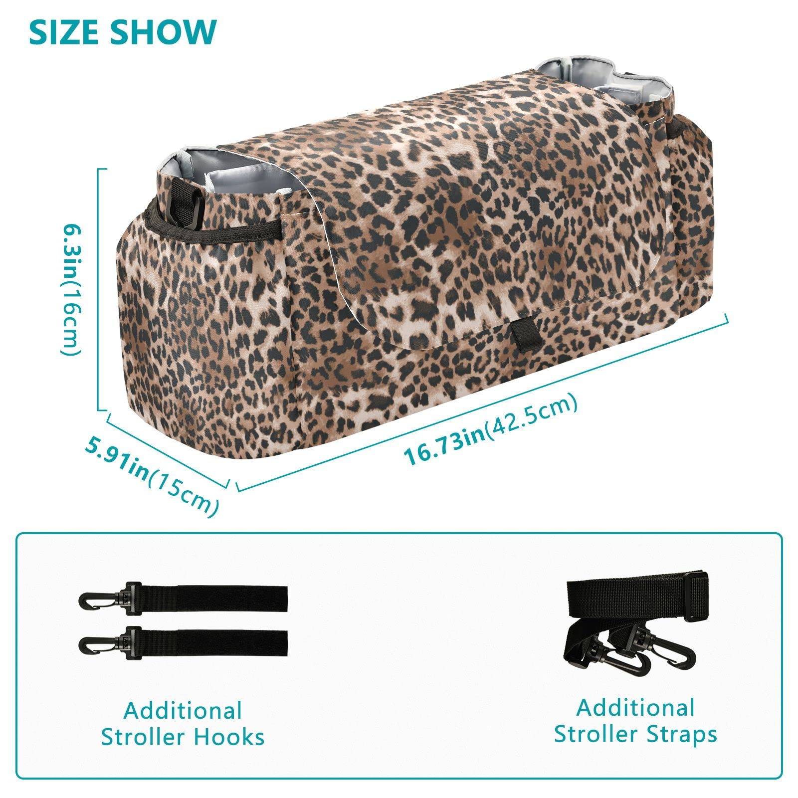 Borsa organizer per passeggino con stampa leopardata, universale, con 2 portabicchieri, cinghie regolabili e gancio per passeggino, adatta per biberon, pannolini, telefono, giocattoli