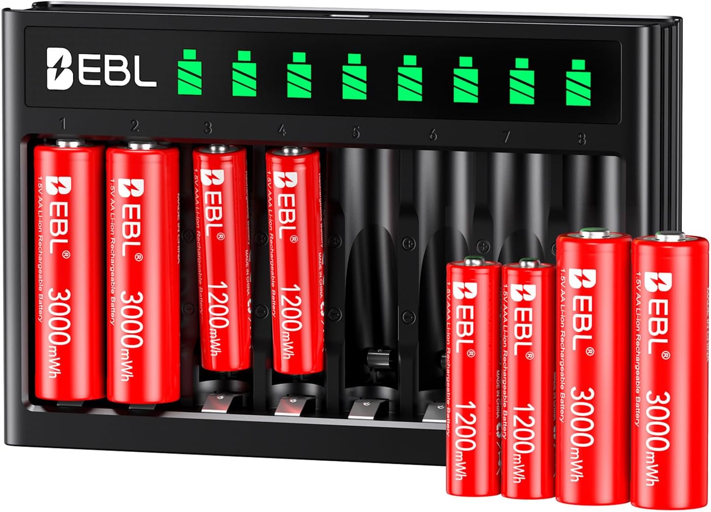 EBL AA/AAA 8Pack Rechargeable Lithium Batteries with Charger, 3000/1200mWh