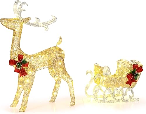 Miniatura 9 de Tangkula Reno y trineo de Navidad iluminados de 47 pies decoración para exteriores con 100 luces cálidas 8 estacas de tierra 30 bridas para cables