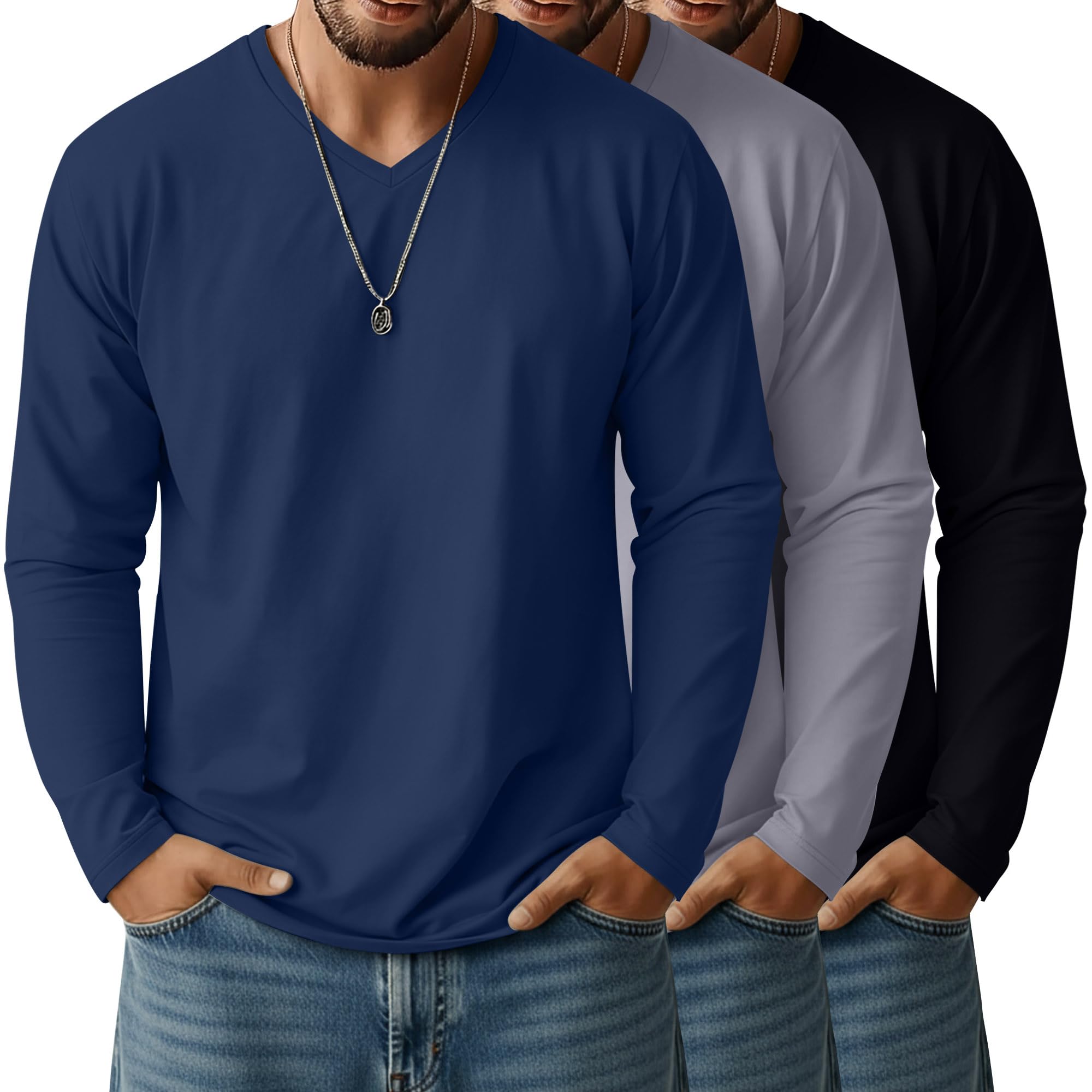 Ficerd 3 Pack Big and Tall V Neck Cotton Long Sleeve Tee