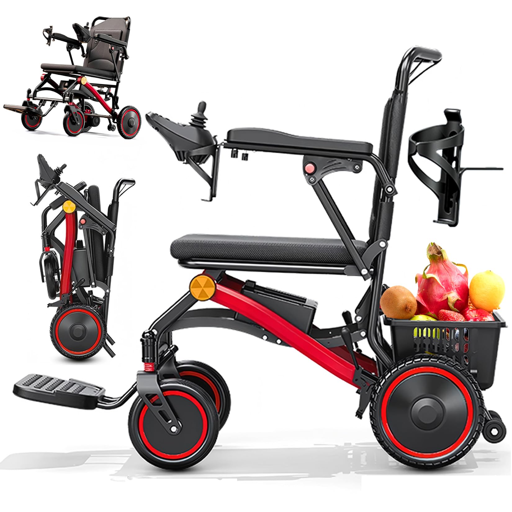 Sedia a rotelle elettrica ultraleggera pieghevole, solo 14,8 kg, doppio motore senza spazzole da 500 W, batteria al litio rimovibile da 12/20 Ah, fino a 25/35 km, adatta per viaggi e compagnie