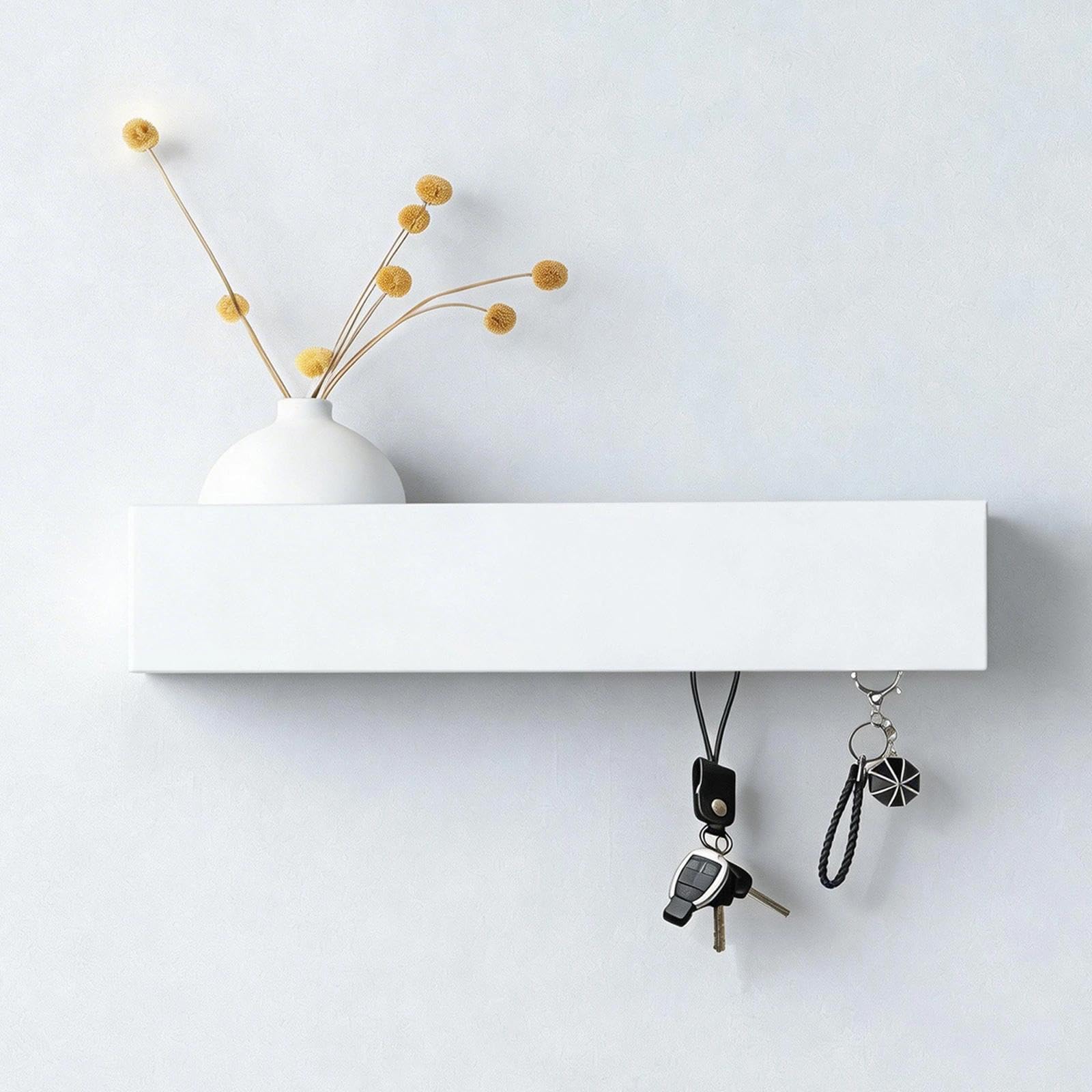 Porta Chiavi da Muro per Casa con Ripiano, Appendi Chiavi a Muro con 5 Ganci, Metallo-Legno Portachiavi da Parete Moderno, Salvaspazio, 30 x 7,5 x 6 cm, Bianco, per Ingressi, Corridoi, Soggiorni