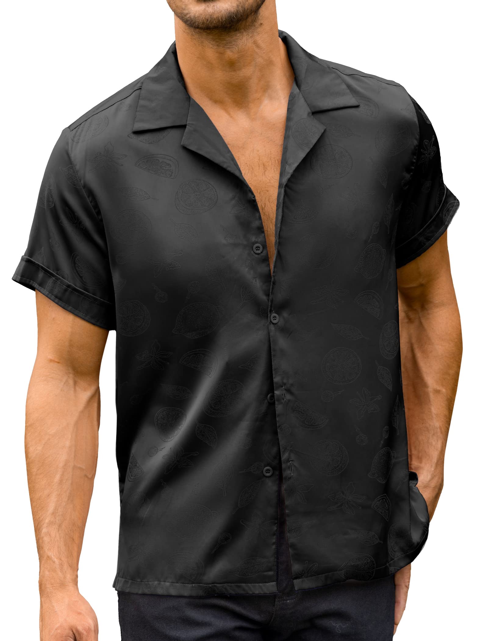 ZAFULMen's Jacquard Satin Short Sleeve Shirt Spread Collar Button-Down Summer Camp Shirts