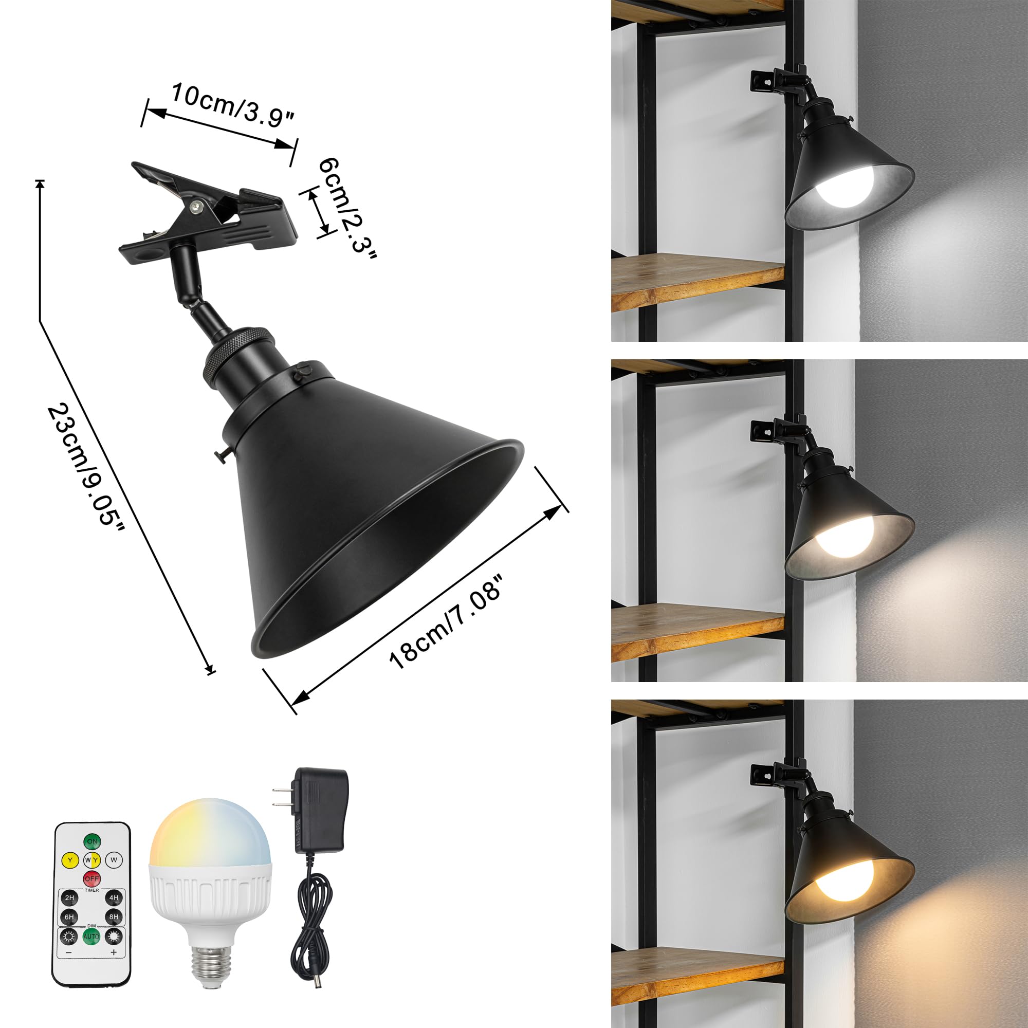 Verstellbare Klemmlampe mit Akku,LED Schwarz Wandlampe innen, Dimmbar Nachttischlampe,Schreibtischlampe ideal für Flur Büro Heimgebrauch - 18x10CM - TD0679