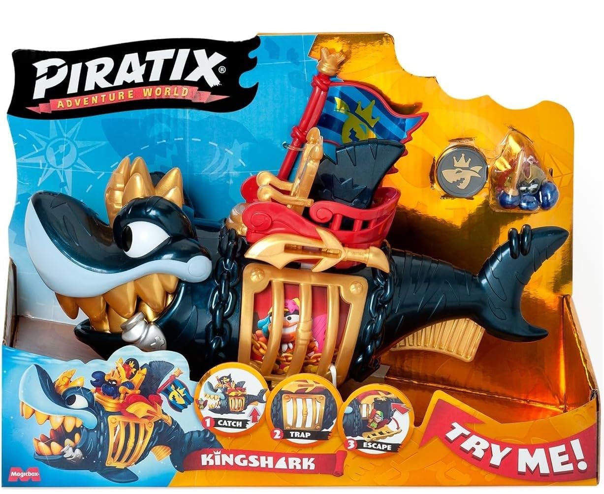 PIRATIX King Shark Golden Teeth – Duży Rekin Przegubowy ze Złotymi Zębami i Klatką, Zestaw z Ekskluzywną Figurką Kapitan Hermitt i Skarbem, Zabawka dla Dzieci i Chłopców, 3 lata