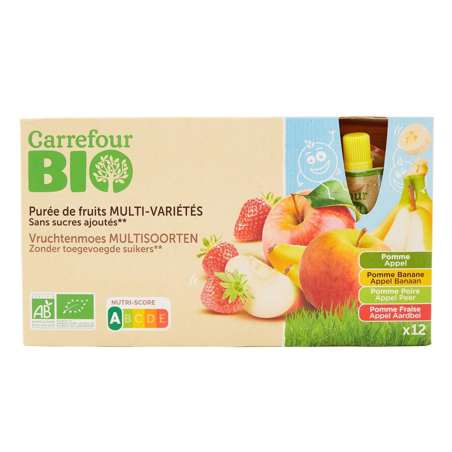 Des desserts fruités sans sucres ajoutés pour les enfants avec CARREFOUR BIO, format box de 12x90g aux saveurs pomme, banane, poire et fraise - Lot de 3
