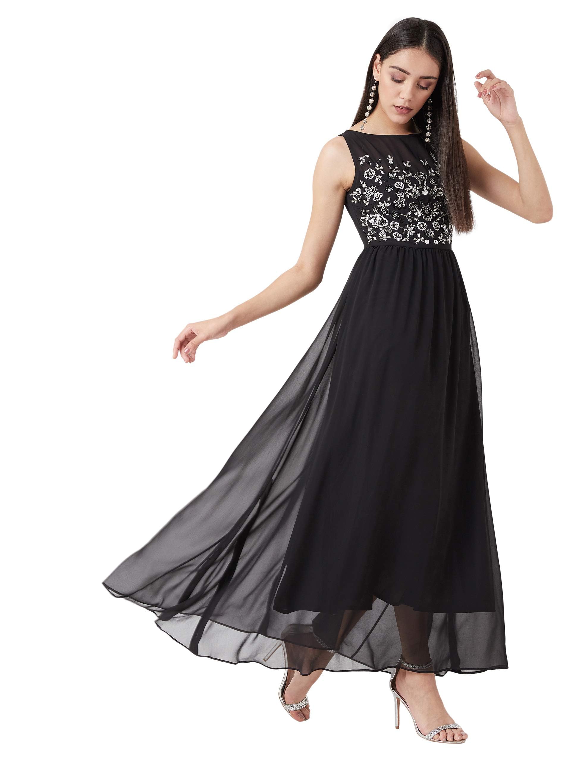 Miss Chase Women's Boat Neck Sleeveless Solid Embellished Maxi Dress (Plus Size) (Mcaw19D08-45-62-08, Black, 3Xl)