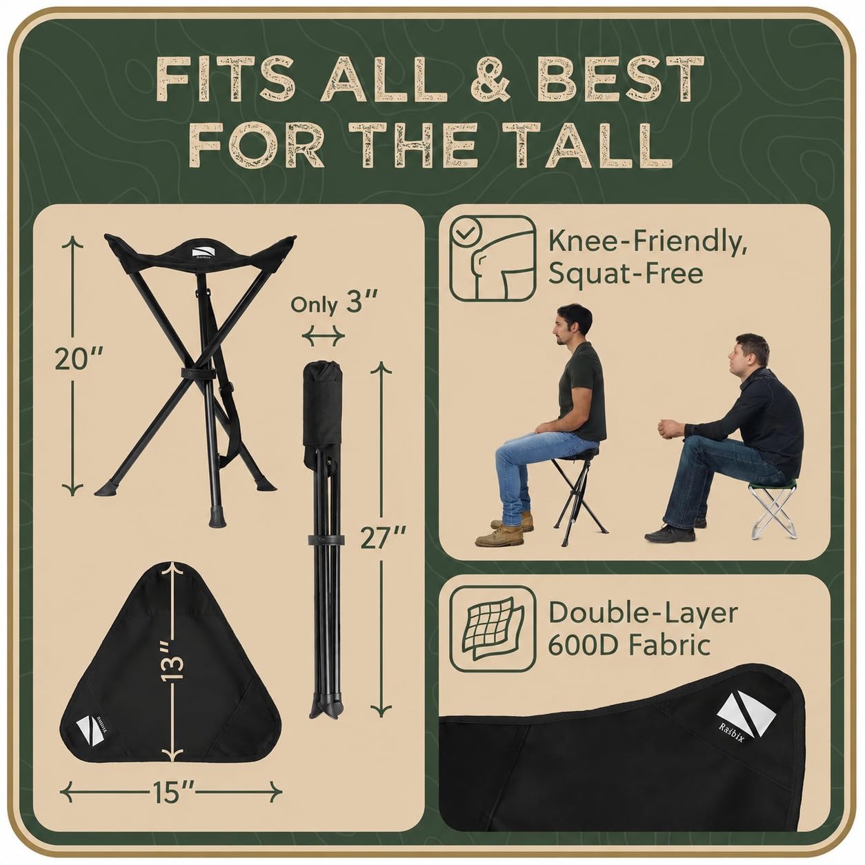 Taburete trípode plegable | Asiento ultra portátil para personas altas, 20 pulgadas de alto | Silla de caza con bolsillo oculto con cremallera | Taburete de camping de 2 libras con patas de