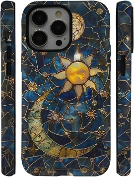 天空の太陽と月 ステンドグラスフォンケース、iPhone 14 Pro Max用耐衝撃保護カバー