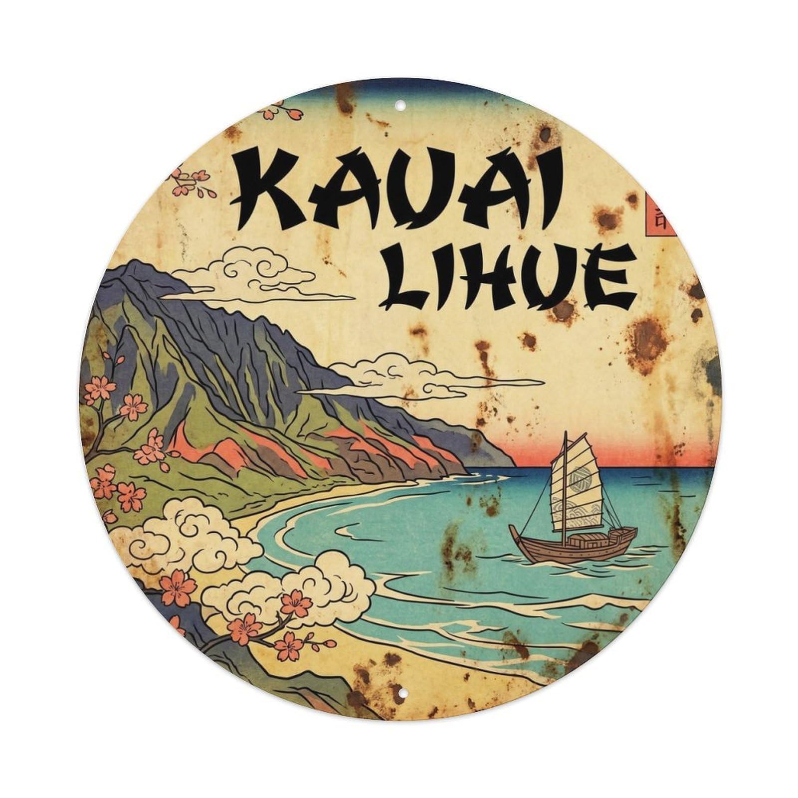 Kauai Lihue Tropical Resort Ink Illustration Metal Tin Sign