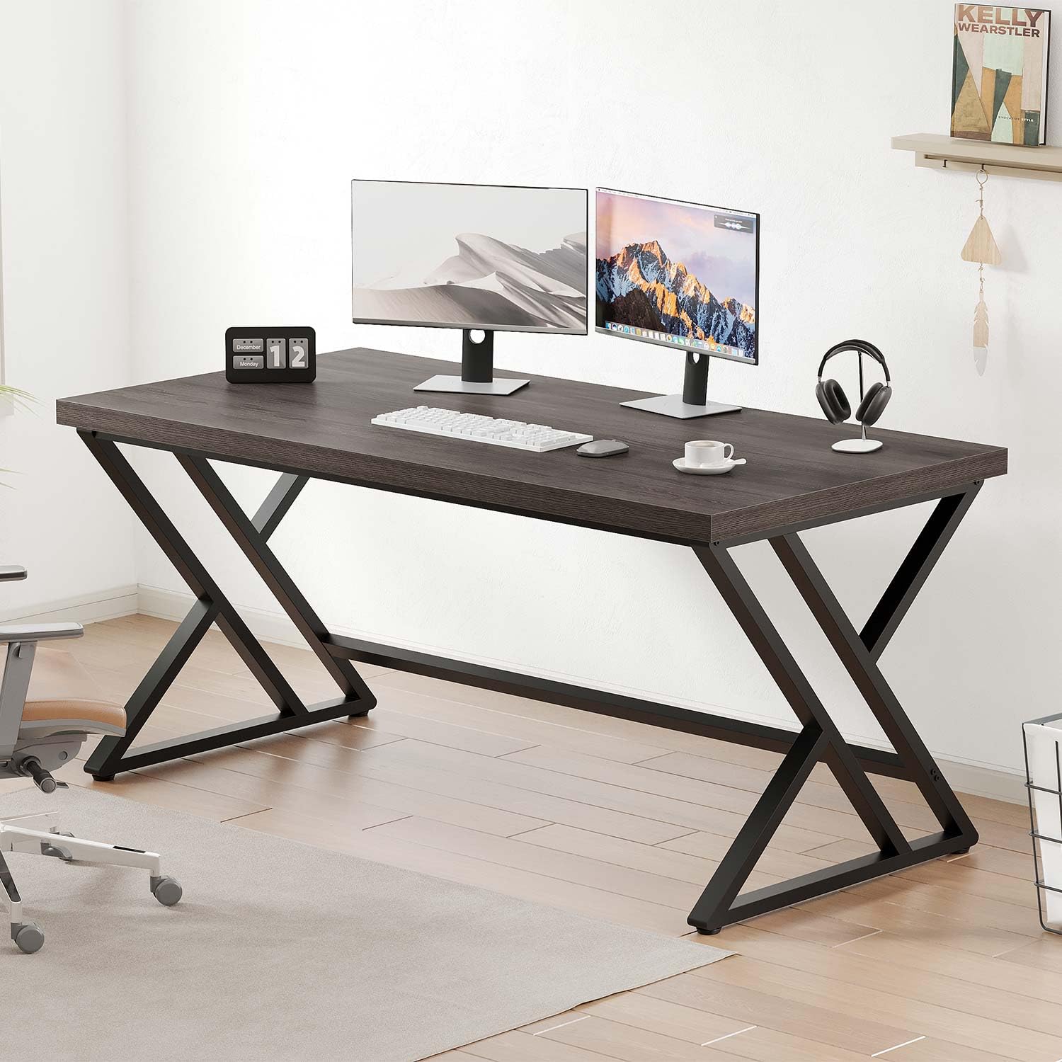 LVB Industrial Computer Desk, Rustic Wood Metal Home Office Desk, Farmhouse Writing Study Gaming Table, Modern Wooden Executive Work Desk Workstation for Student, Dark Gray Oak, 140 CM โ image 1