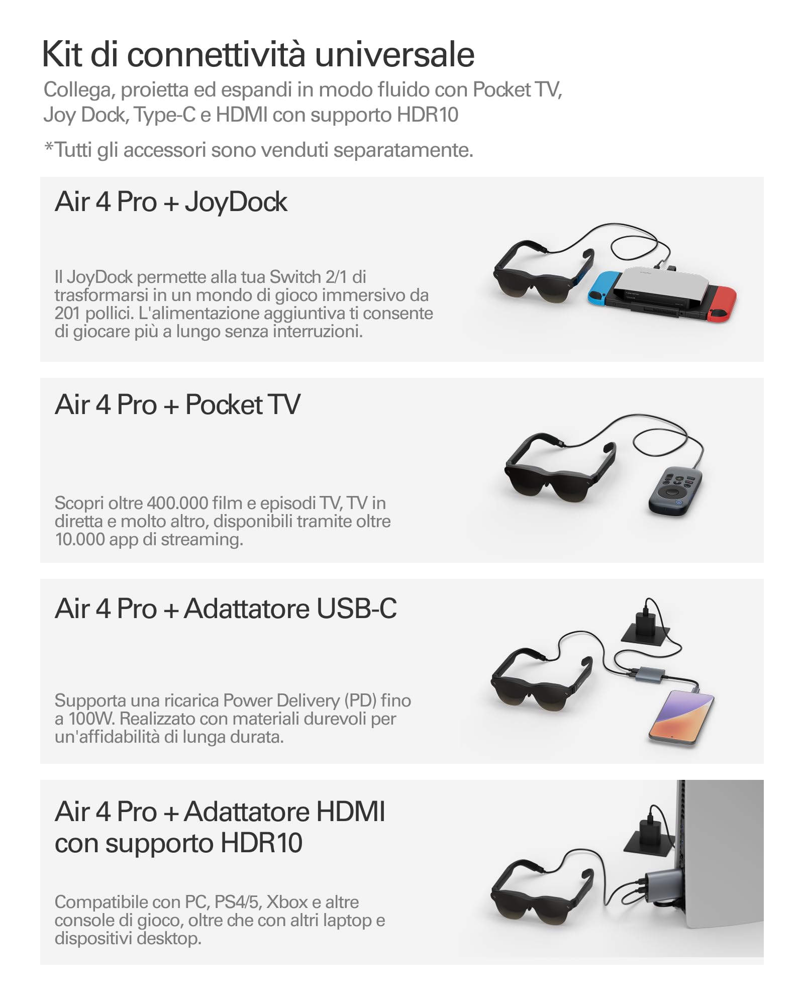 RayNeo Air 4 PRO Occhiali AR/XR, Display HDR10, Chip Vision 4000, Cinema Virtuale 201 Pollici, Audio di Bang & Olufsen, 3D per Film e Giochi per iPhone 17,16,15/Android/Switch 2/Mac/Steam Deck/PS4/5