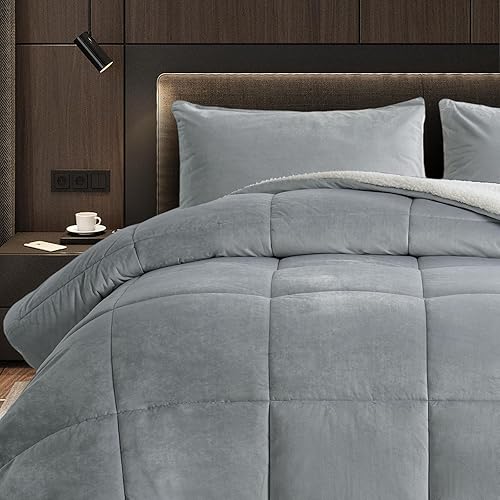 Miniatura 7 de BEDHOURS Juego de edredón tamaño King de microvisón Sherpa de 3 piezas, ultra suave, juego de ropa de cama alternativo de plumón sintético edredón