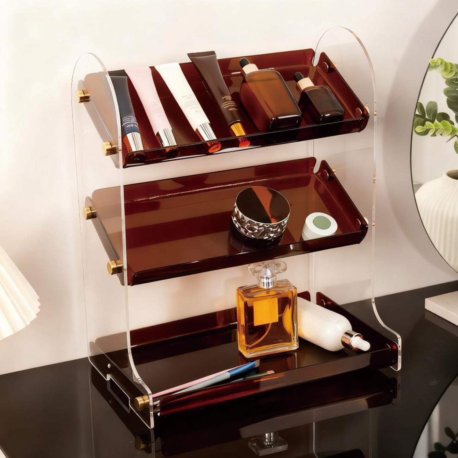 Estante acrílico de 3 niveles para encimera de baño, organizador de maquillaje impermeable para cosméticos, perfumes y soluciones de almacenamiento de oficina