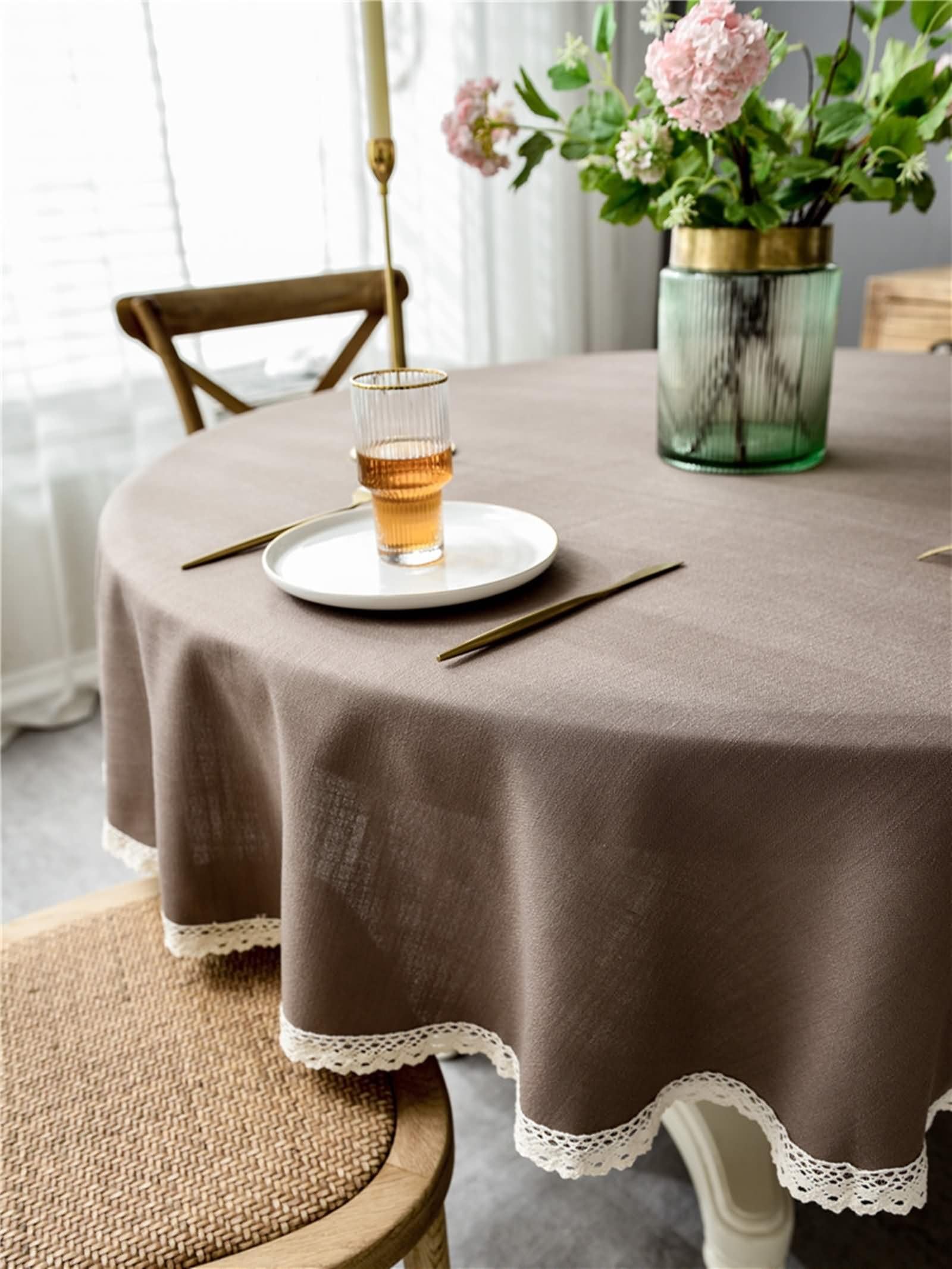 Fleckabweisende Tischdecke Rund 160CM,Tischdeckeer Tisch Braun Einfarbig mit Spitze Polyester Tischdecke Wohnzimmertisch