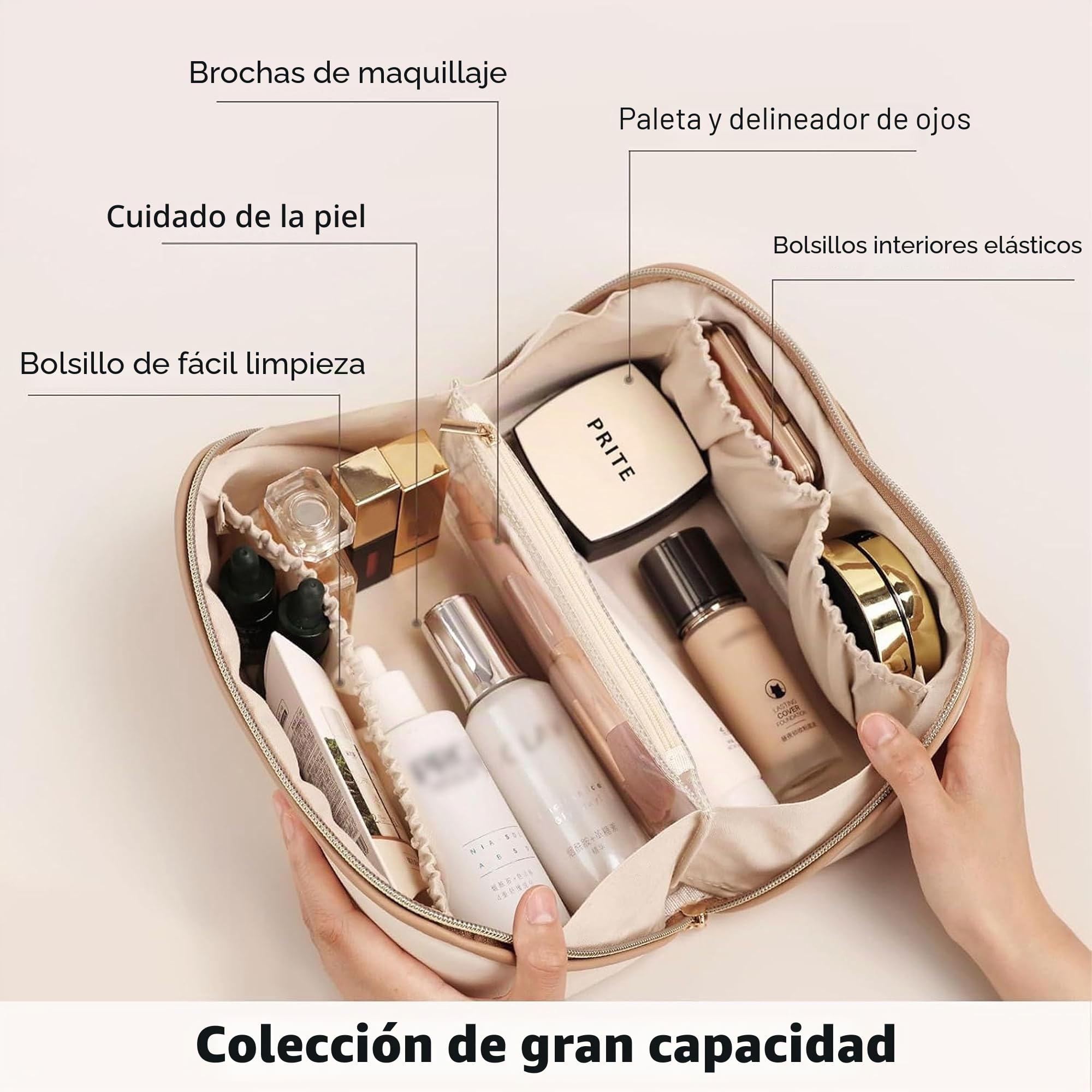 Prite Neceser Viaje Apertura Plana con Bolsillo para Brochas | Dos Tamaños, Gran Capacidad, Apertura Amplia, Asa Portátil, Piel PU Impermeable, Empacado En Caja De Regalo