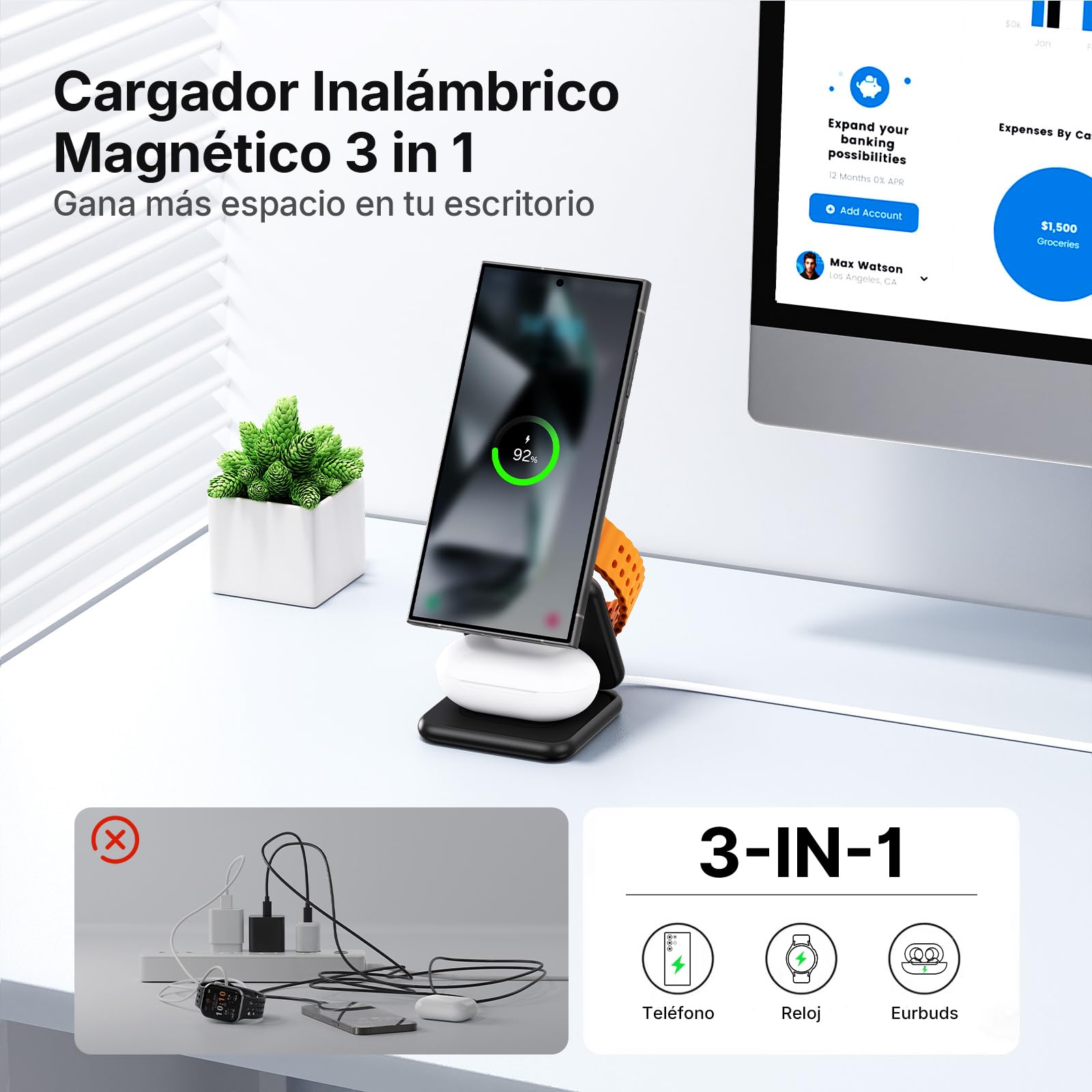 KU XIU 3 en 1 Magnética Cargador Inalámbrico para Samsung | Estación de Carga Plegable para Galaxy S26 S25 Ultra, Base de Carga para Galaxy Watch Ultra/7/6/5/4,para Galaxy Buds