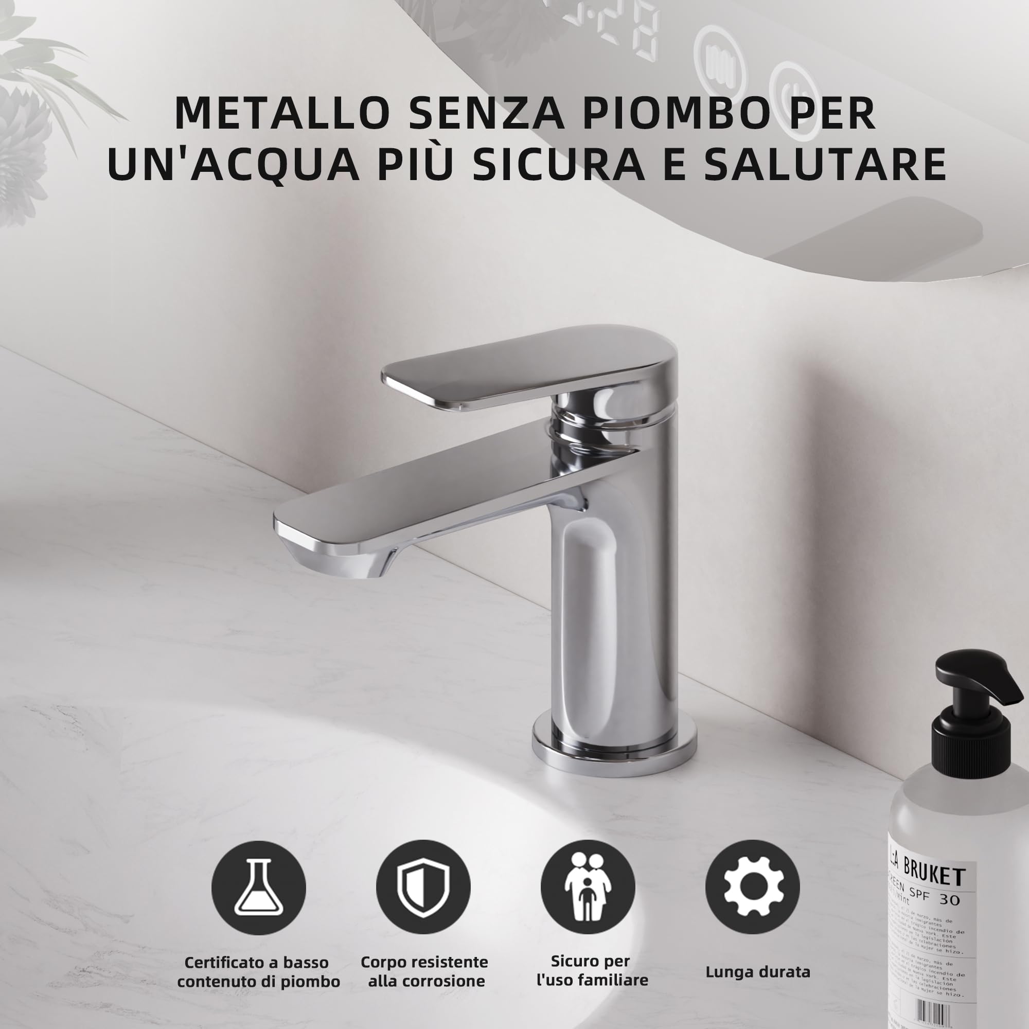 BELZ Miscelatore Lavabo Cromato in Ottone Massiccio, Rubinetto Monocomando | Senza Piombo e Antiruggine, Risparmio Idrico 40%, Cartuccia Ceramica 500.000 Cicli, Antigoccia, Silenzioso e Antischizzo