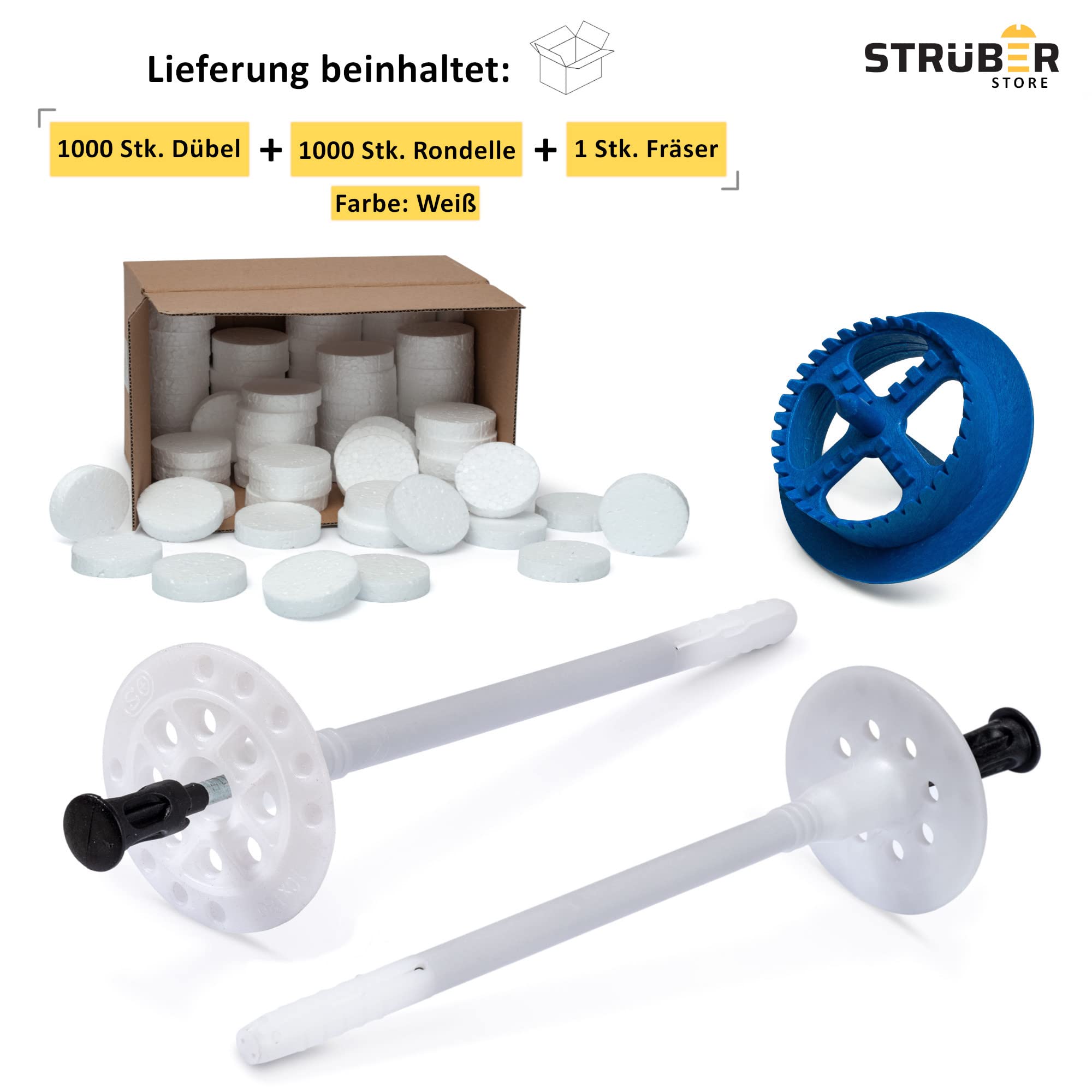 STRÜBER WDVS SET (Ø10x300mm Dämmstoffdübel mit Metalldorn 1000St + Grau Styropor Rondelle 1000St + Styroporfräser 1St) Satz für Fassadendämmung Wärmedämmung EPS Abdeckkappen Tellerdübel mit Stahlnagel