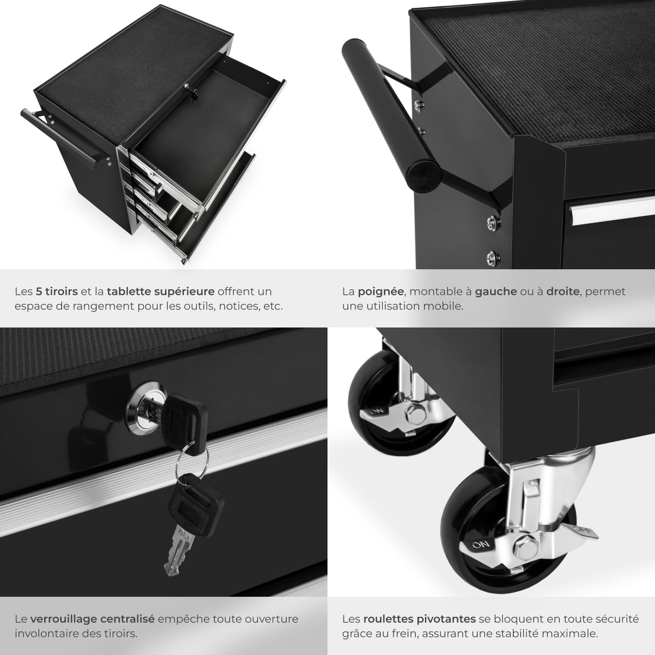 tectake® Chariot d'atelier Metallique Servante d'atelier Vide Trolley Professionnel 5 Tiroirs spacieux Verrouillables Chariot a Roulette pour Rangement Atelier Garage - Noir