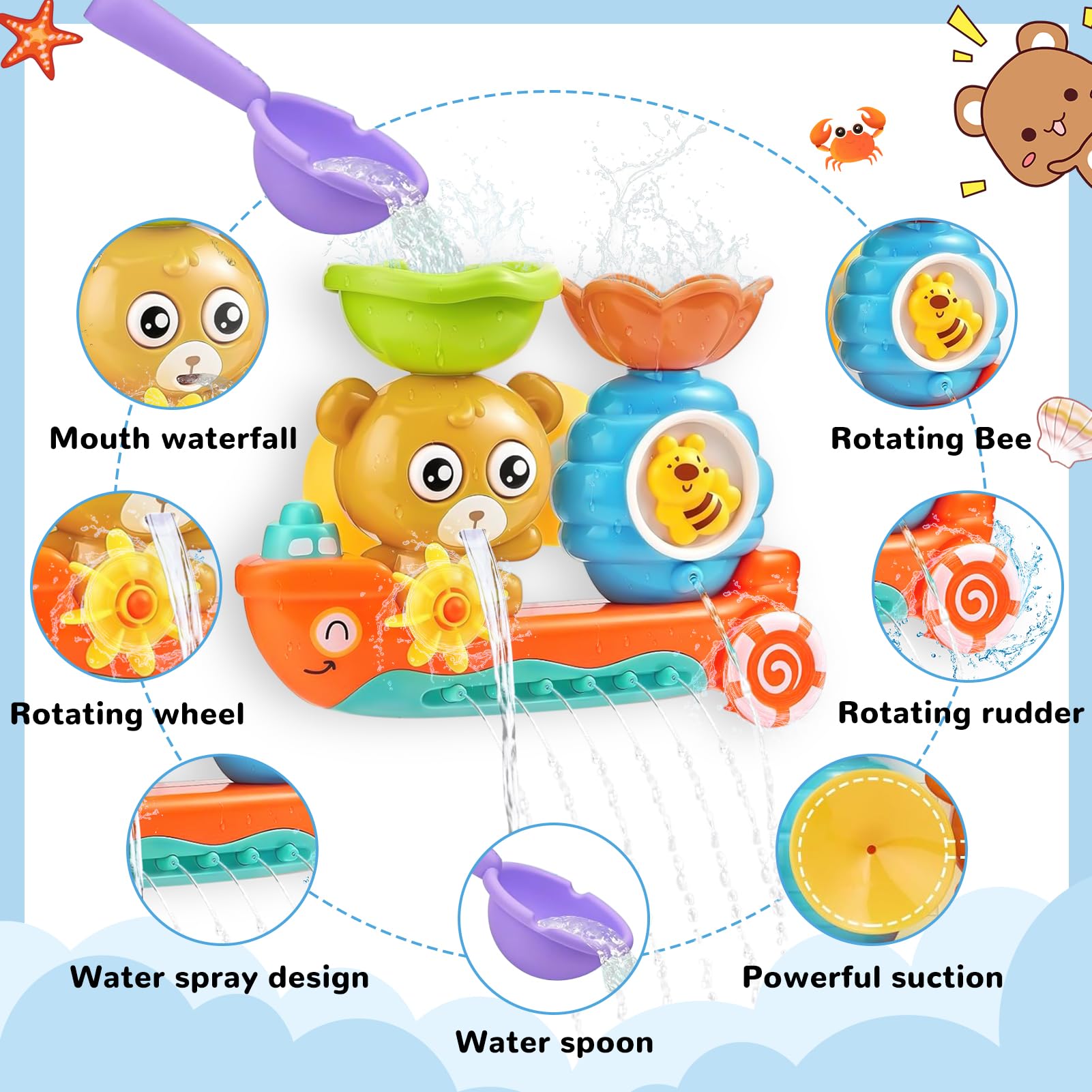 Giochi Bagnetto Neonato 1-4 Anni - Vasca da Bagno Bambini con Orso e Ape, Simpatici Animali con Ventosa e Pala - Regalo per Ragazzi e Ragazze