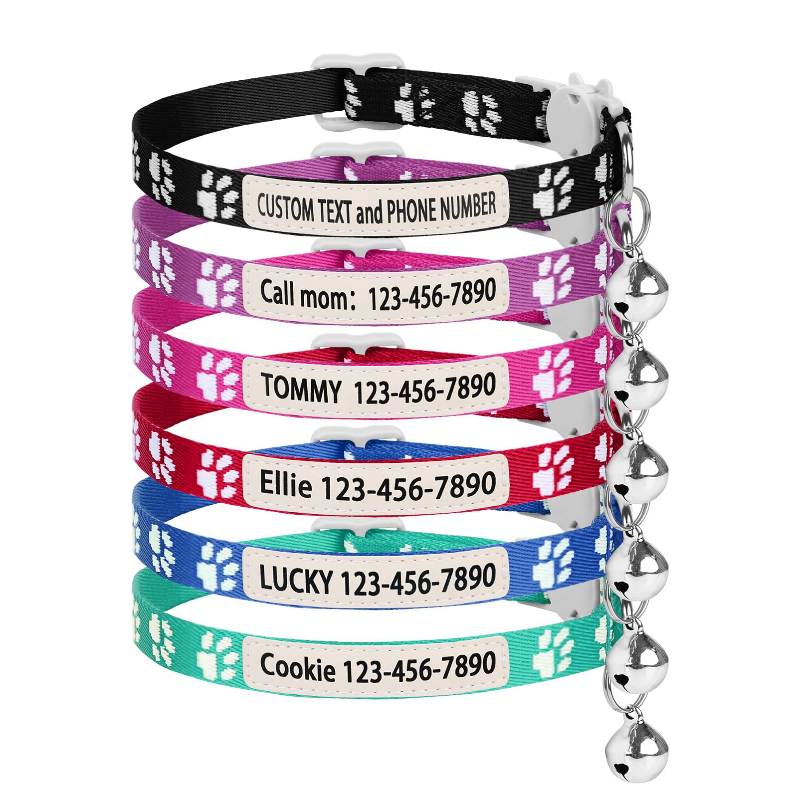 Personalized Cat Collar with Bell UV Printed Name and Phone Number Adjustable Safety Collar with Quick Release Buckle