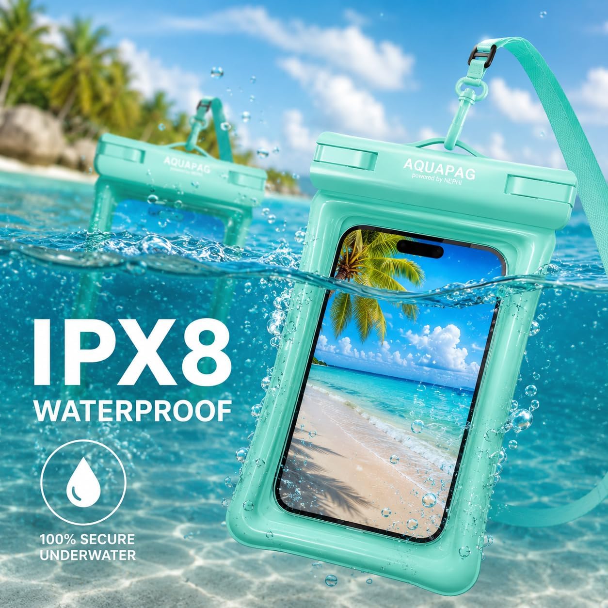 IPX8 Waterproof Phone Pouch 2 Pack-Up to 8.0"，Adjustable Neck Lanyard Floating Waterproof Phone Case for iPhone,Phone Dry Bags for Vacation Beach Pool Travel Essentials Green