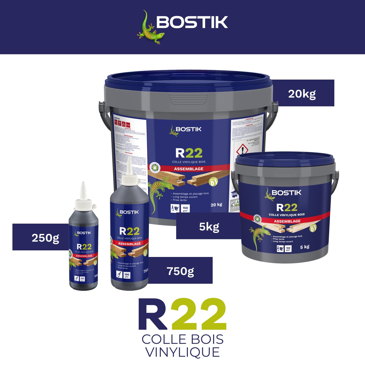 Bostik Colle Vinylique Bois R22 - Prise Lente - Colle d'Assemblage et de Placage du Bois - D1 Menuiseries Intérieures - Meubles - Blanc - Seau de 5 kg