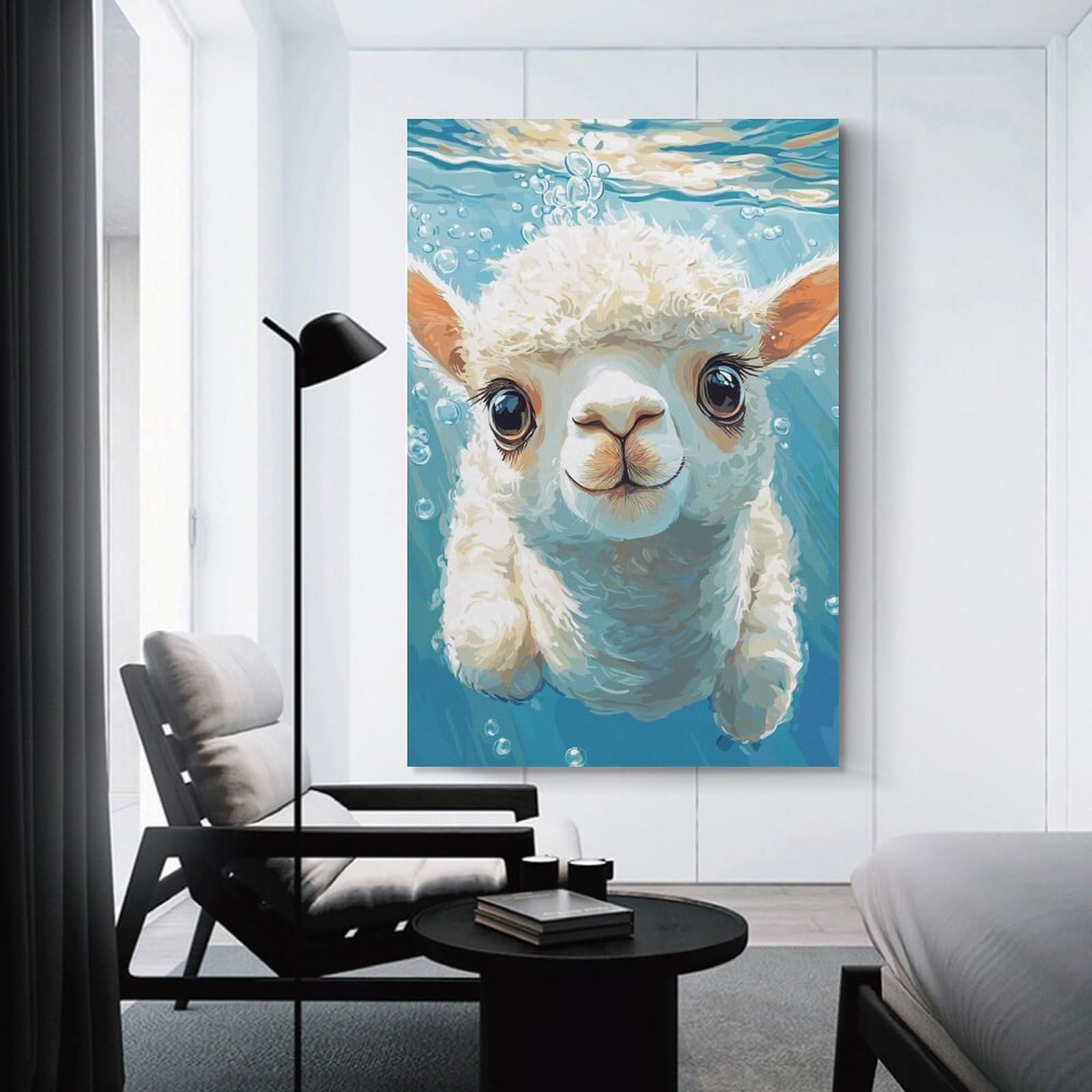 Junmoney Cute Alpaca Swimming Underwater Room Decor Wall Art, 08x12inch(20x30cm), for Office, Study Or Home Workspace, A Smart Decor Choice for Study Walls