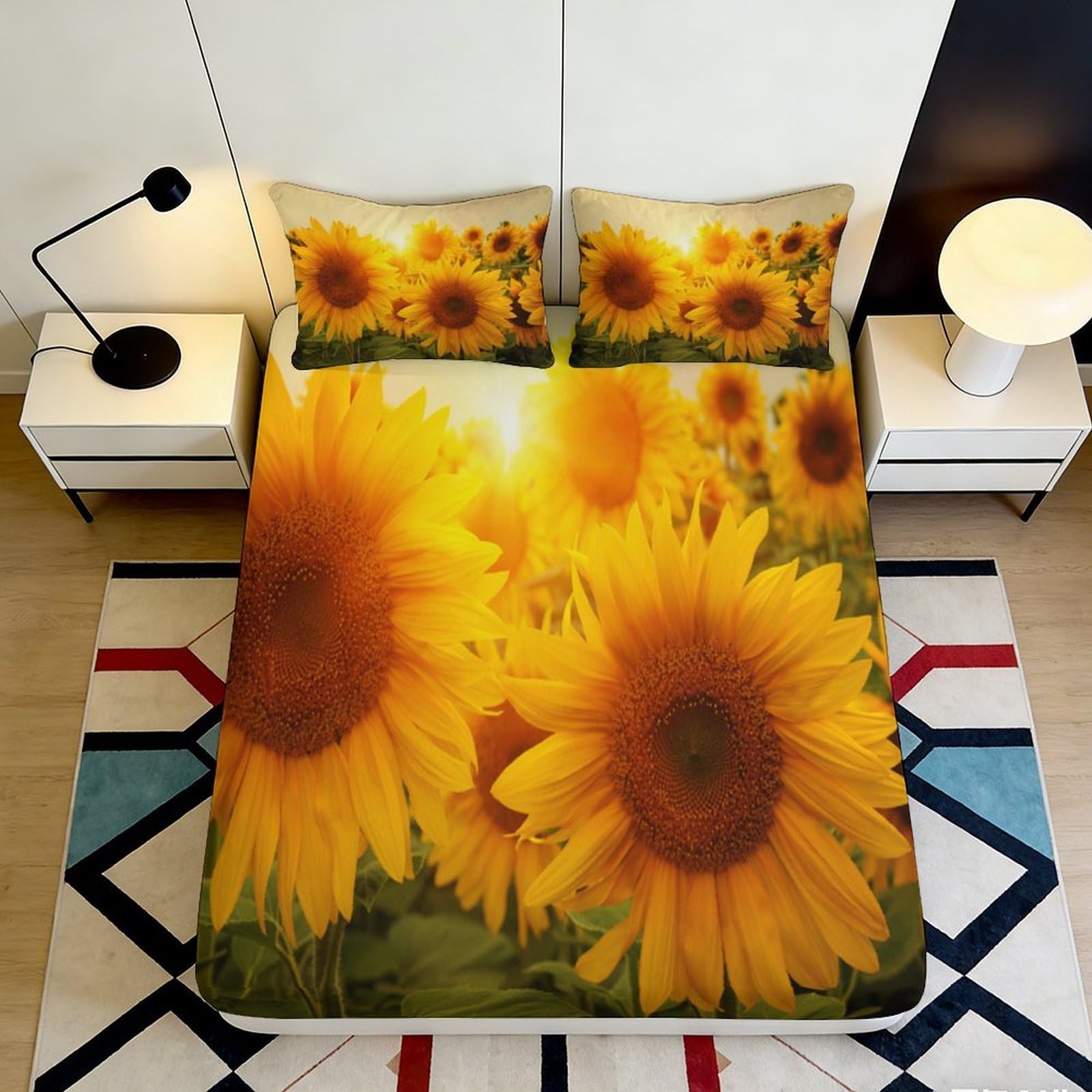 3D Printed Sunflower Field Fitted Sheet Microfiber Anti-Slip Mattress Cover for Bedroom Guest Room Easy Care Yellow Bed Decor 90x200x25cm