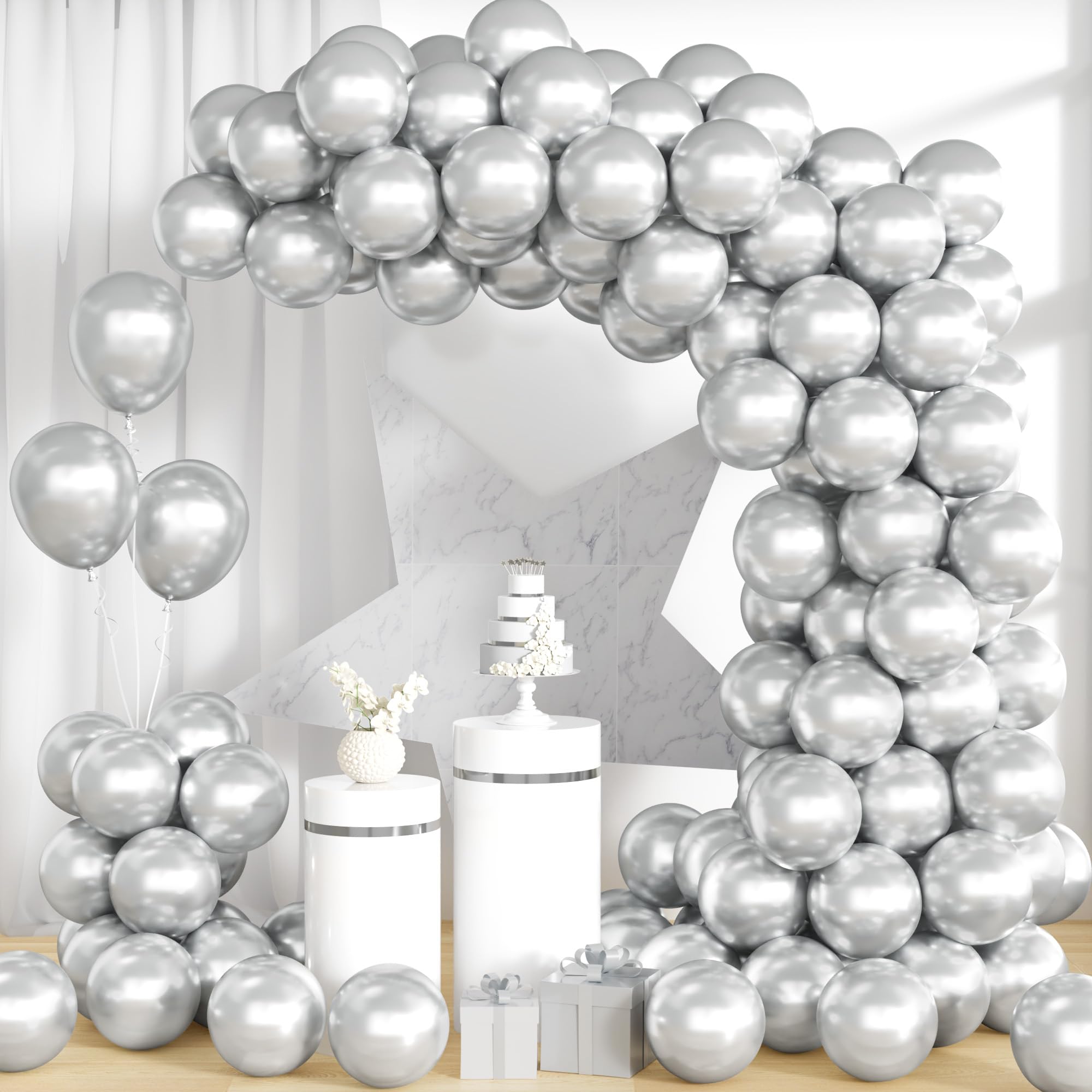 Unisun Metallic Silver Balloons, 100Pcs 10Inch Shiny Chrome Silver Latex Balloon Set with Ribbon Women Men Boy Girl Birthday Wedding Proposal Anniversary Engagement Baby Bridal Shower Valentine Decora