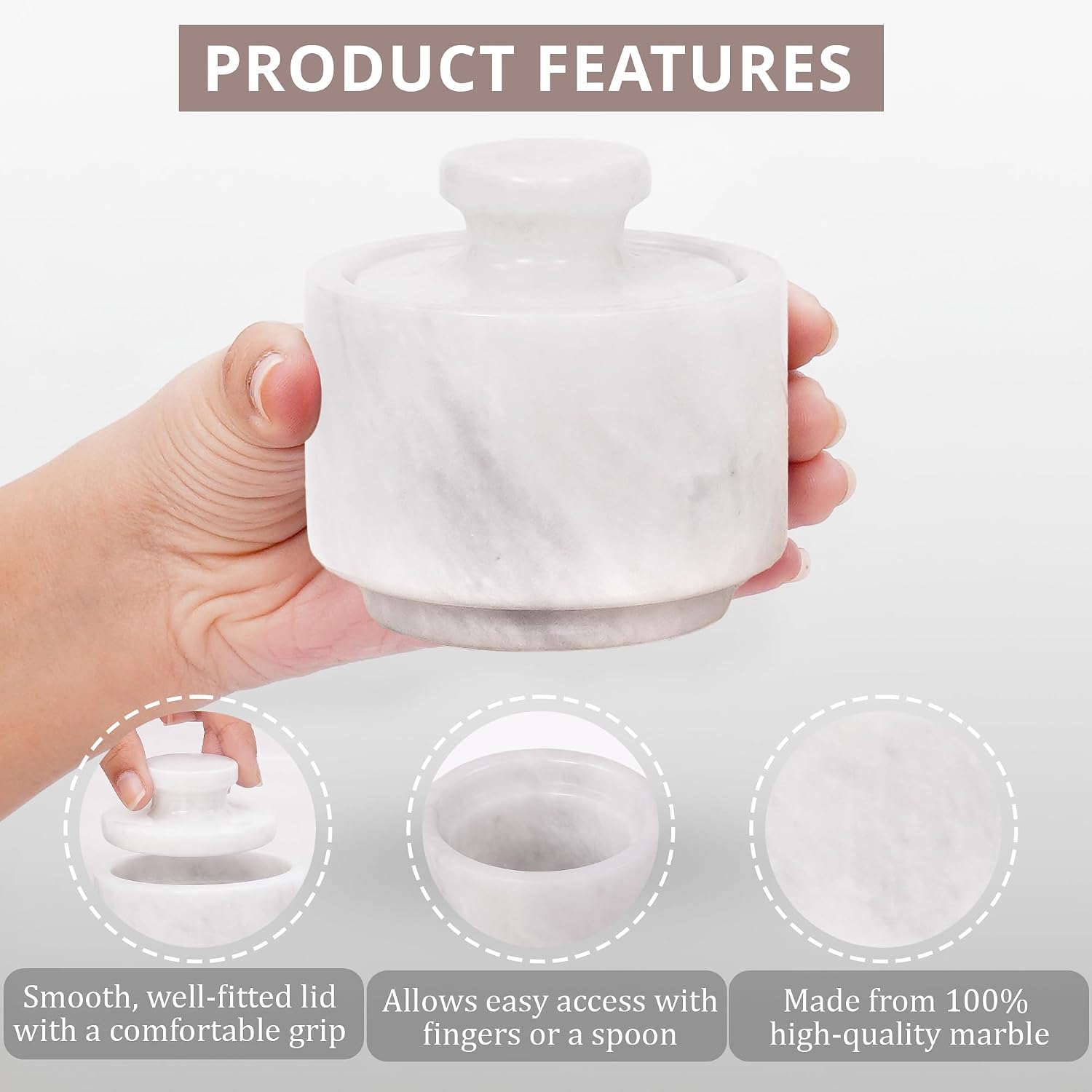 Marble Salt Cellar Set of 3, White Handmade Stone Salt or Pepper Sugar Spice Seasoning Bowls, Stylish Kitchen Counter Containers for Table & Countertop