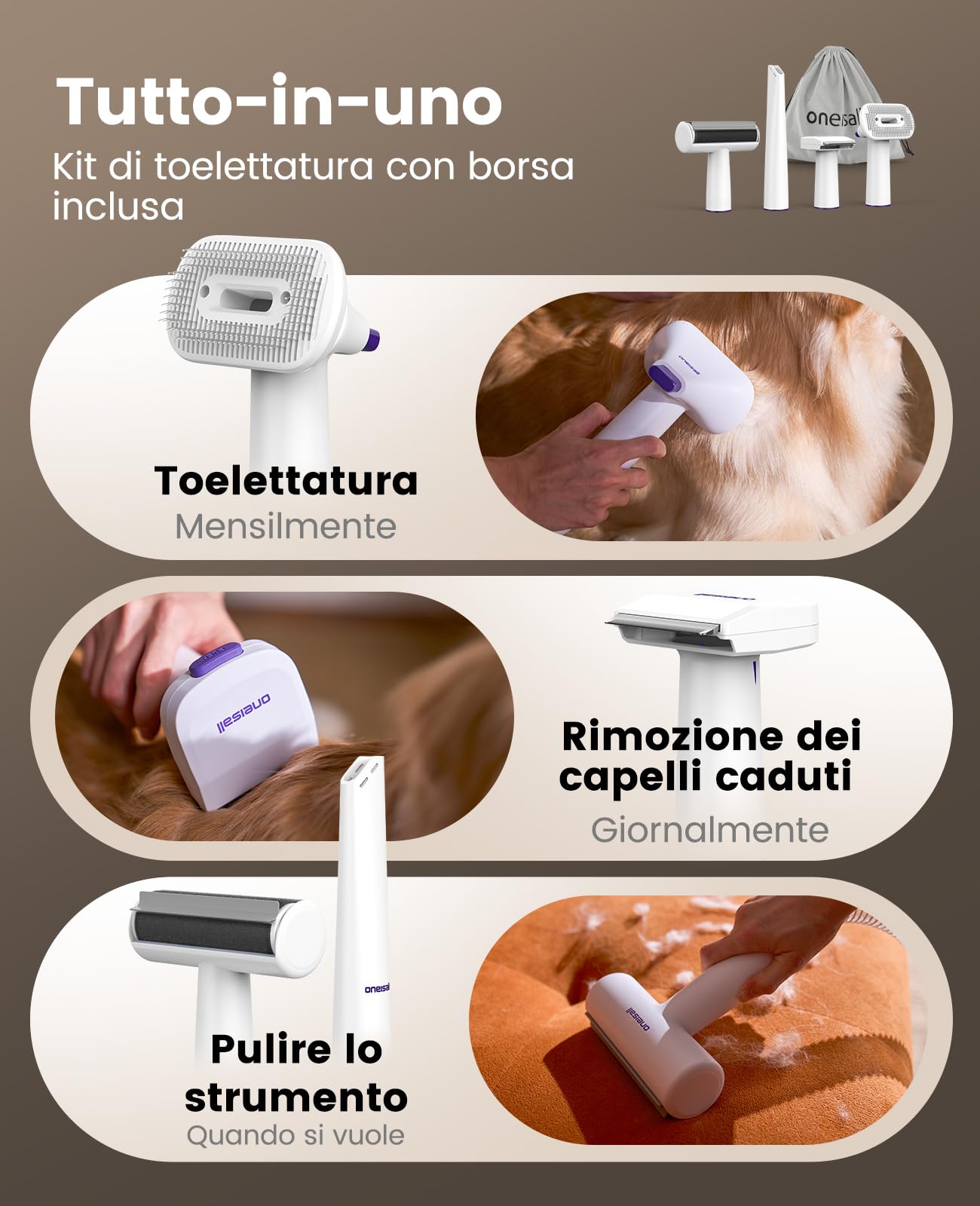 oneisall cane aspirapolvere con spazzola, forte potenza di aspirazione cane spazzola aspirapolvere con 12000 Pa, succhia il 99,99% dei peli di animali domestici (1,5L) con 4 accessori per la cura